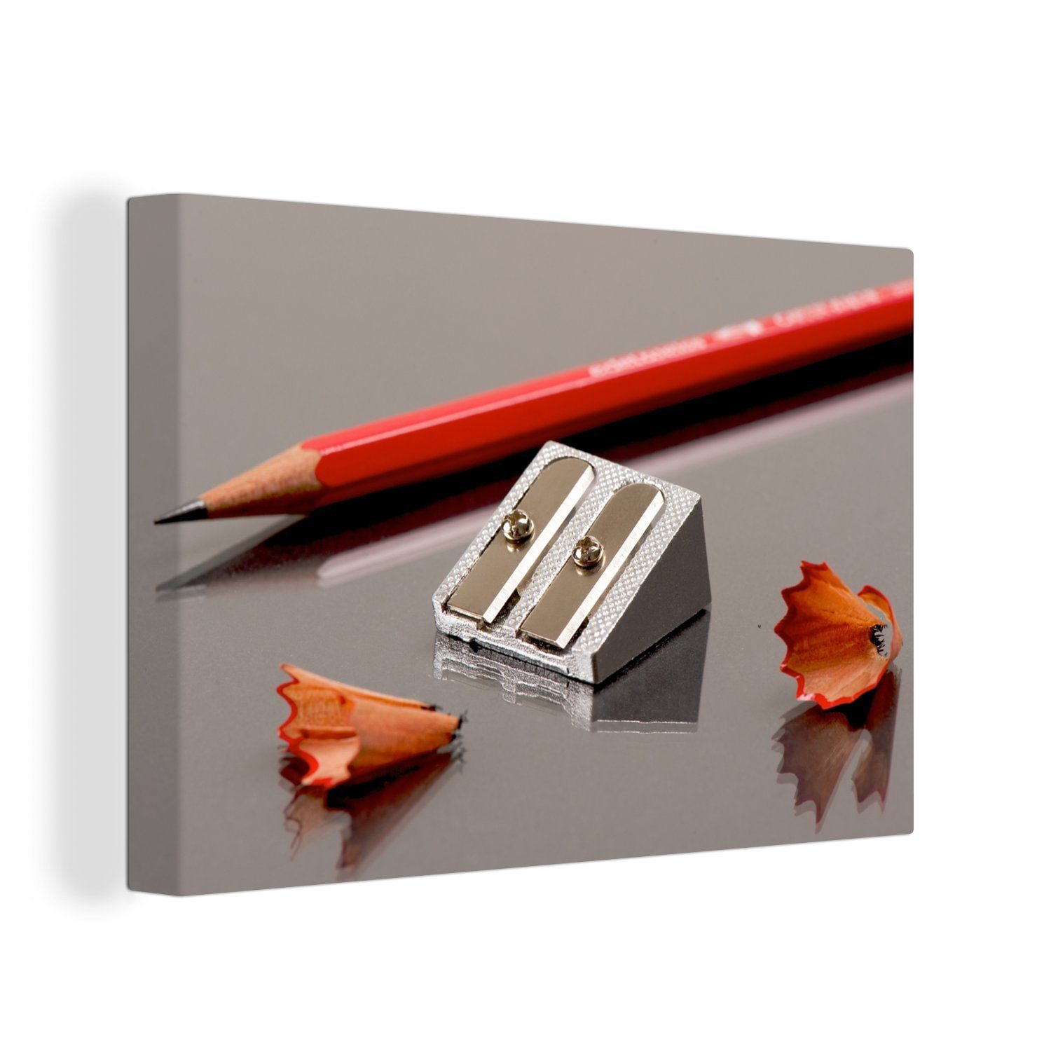 OneMillionCanvasses® Leinwandbild Doppelter Bleistiftanspitzer auf grauem Hintergrund, (1 St), Wandbild Leinwandbilder, Aufhängefertig, Wanddeko, 30x20 cm