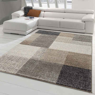 Teppich Moderner Wohnzimmerteppich mit quadratischen Mustern grau beige, Teppich-Traum, rechteckig, Höhe: 11 mm