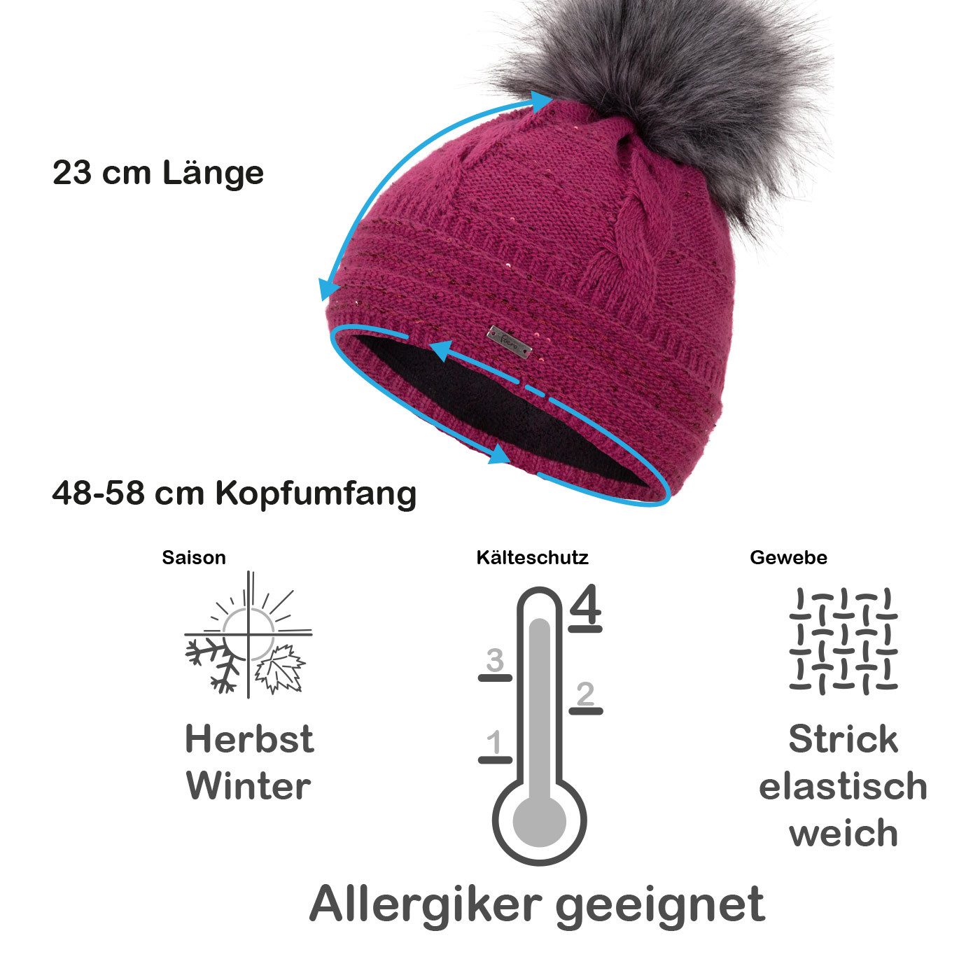 Faera Bommelmütze Wintermütze Damen Herren Mütze Beanie Haube gefüttert Bommelmütze