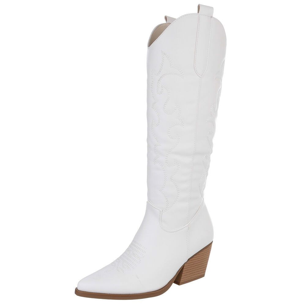 Ital-Design Elegante Stiefeletten mit hohem Absatz für Damen Westernstiefel (90153150) Blockabsatz Stiefel in Weiß