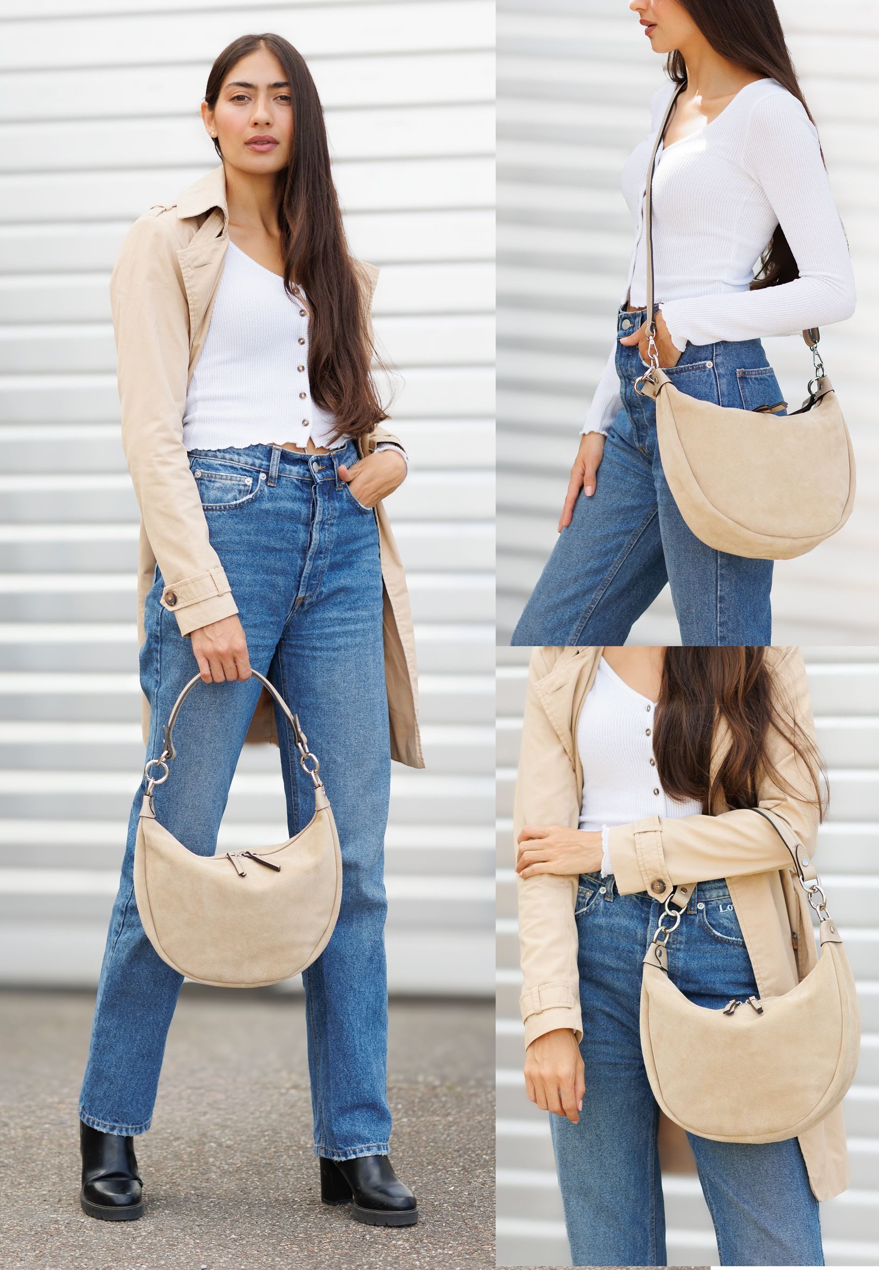 Caspar Schultertasche Leder Hobo Bag edle Damen Handtasche - PREMIUM LINE - Modell No.857, 100% italienisches Wildleder, samtig weich, angenehmer Tragekomfort