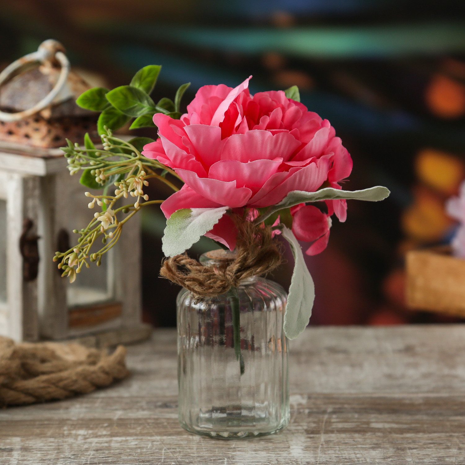 Kunstblumenstrauß Pfingstrose und Hortensie in Mini Glasvase Blumenvase Kunstblumen pink, MARELIDA, Höhe 20 cm