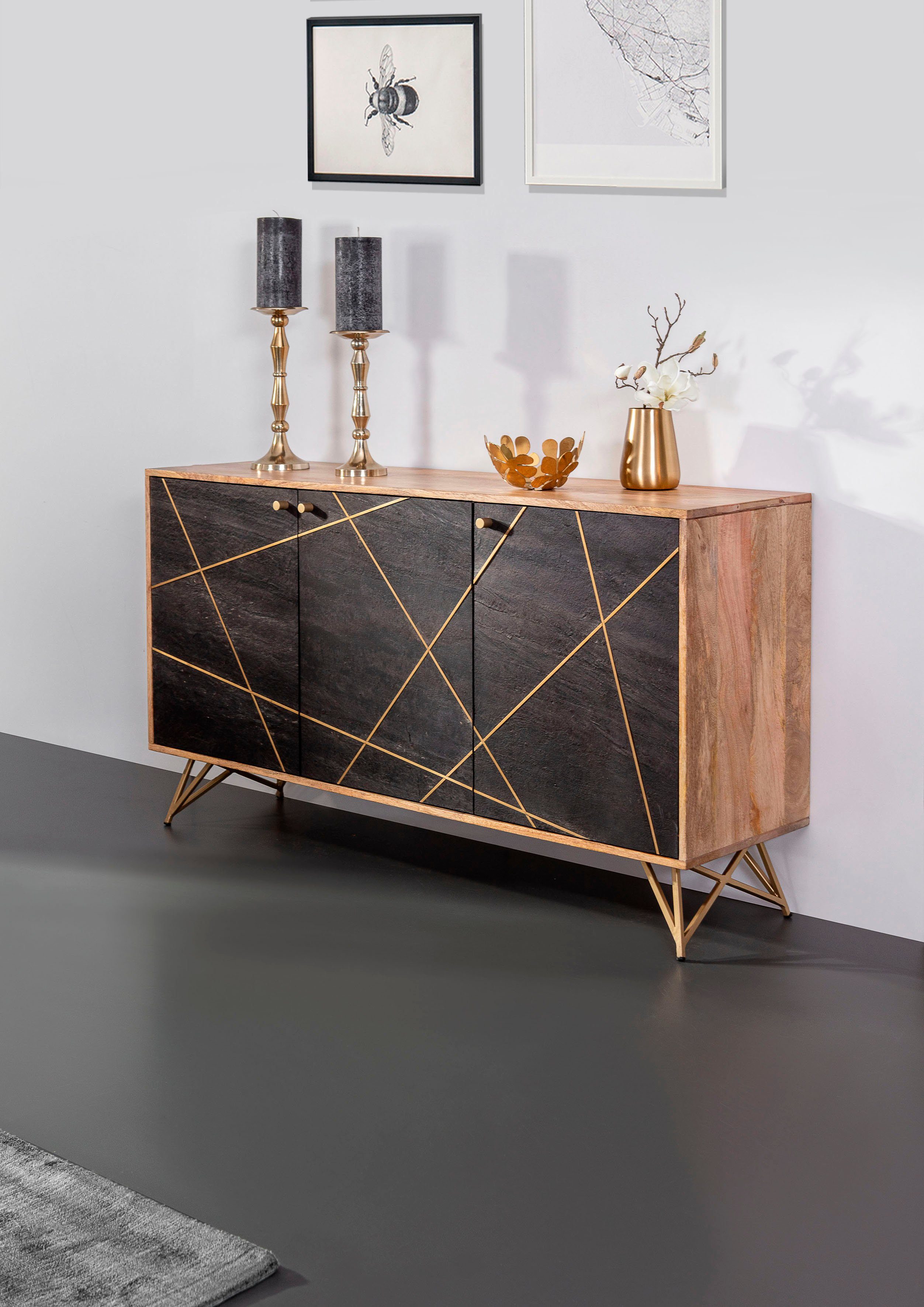 Gutmann Factory Sideboard Lennon, Kommode mit Echtsteinfurnier und Messingapplikationen