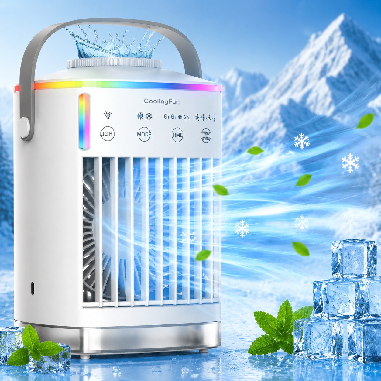 MOPUEA Ventilatorkombigerät Tragbarer Luftkühler Klimaanlage mit 7-Farben-LED 700ML Wassertank, 4 Windstufen mit Sprühnebel für individuelle Kühlung