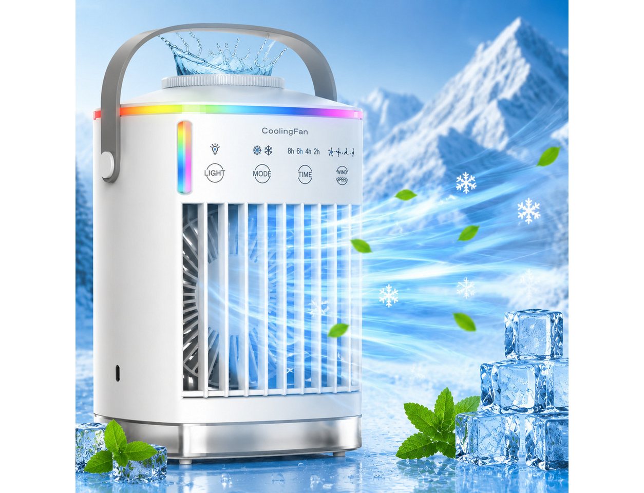 MOPUEA Ventilatorkombigerät Tragbarer Luftkühler Klimaanlage mit 7-Farben-LED 700ML Wassertank, 4 Windstufen mit Sprühnebel für individuelle Kühlung