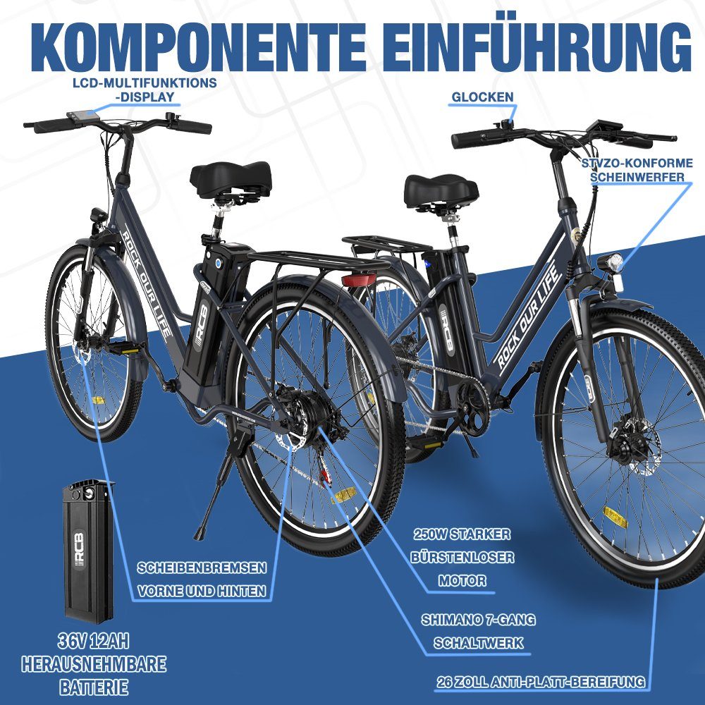 RCB E-Bike, 7 Gang, 36V cityrad 12AH max 90km Elektro SPedelec Trekkingrad 26"