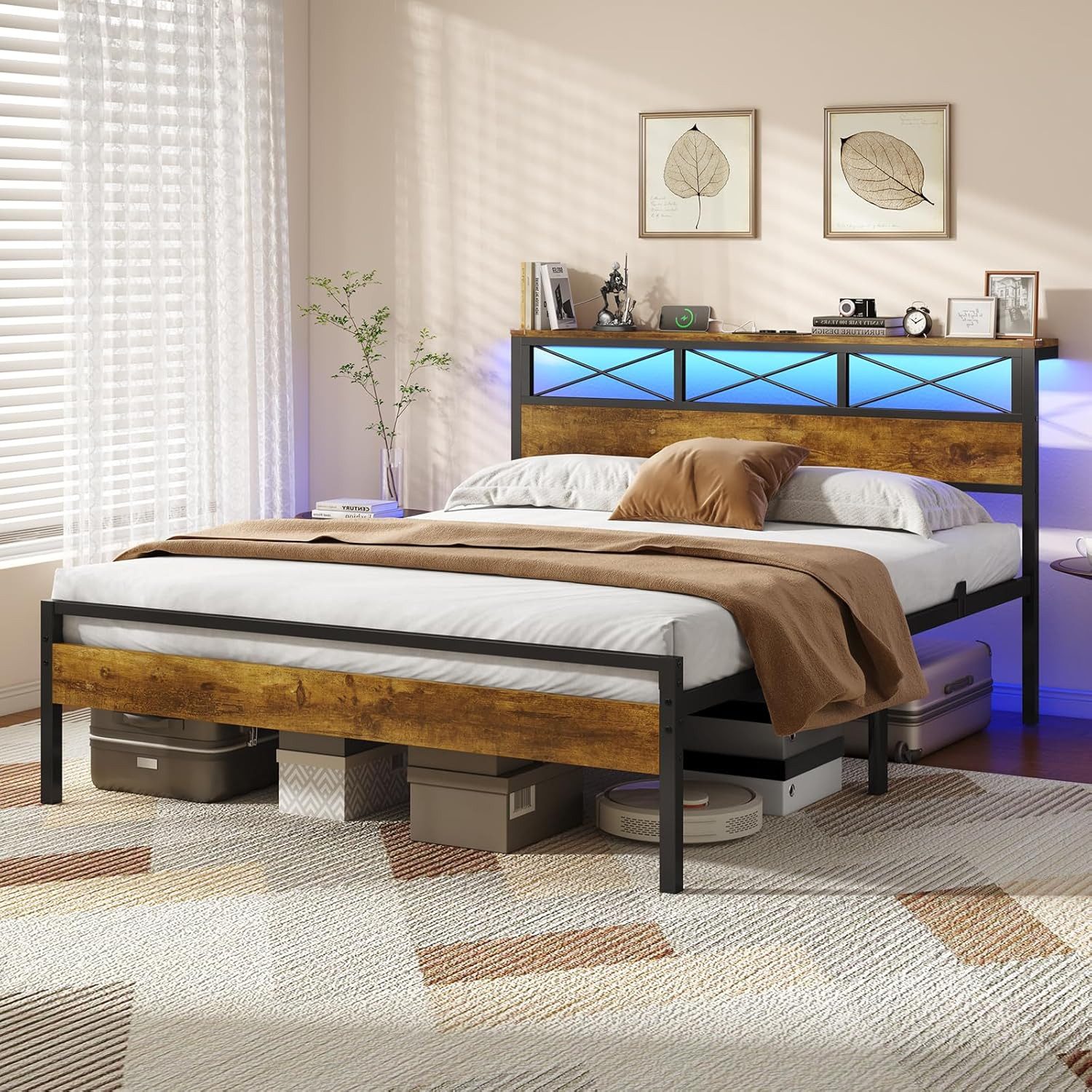 MSMASK Metallbett Bettgestell mit LED Beleuchtung und Steckdose USB-Anschlüsse (Ohne Matratze), Jugendbett, Doppelbett 140 x 190 cm
