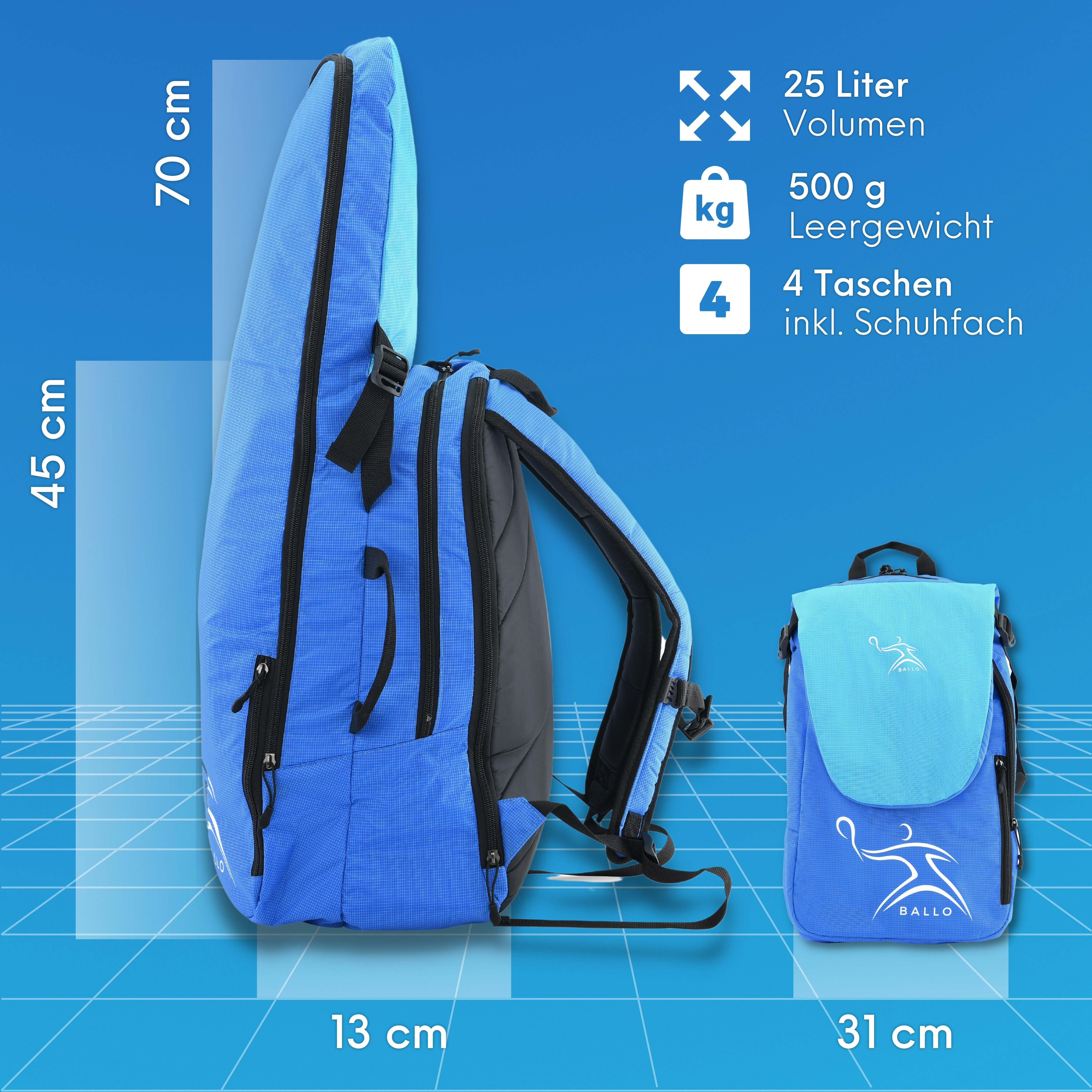 BALLO® Tennisrucksack Tennistasche Schlägertasche Rucksack Tasche Tennis Badmintion, Wasserfest, vollständiges Schlägerfach