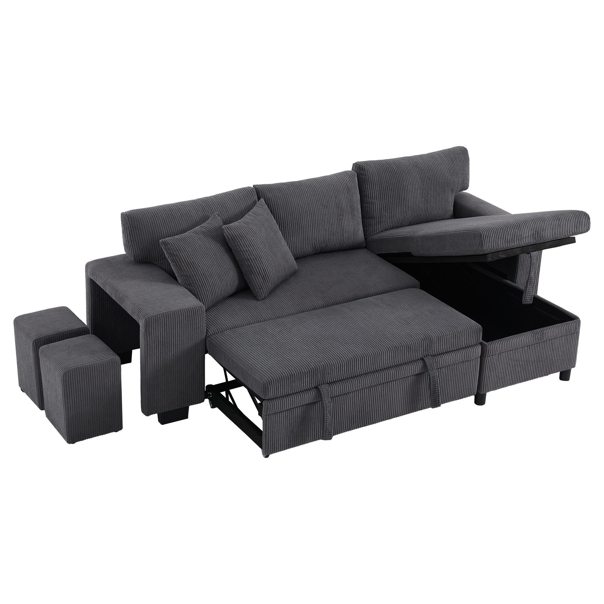 SOFTWEARY 3-Sitzer mit 2 Liegeflächen und Stauraum, mit Regal, Hocker, Zierkissen, Rückenkissen, USB und Type-C, Liegefläche erweiterbar, Schlafsofa, Ecksofa, L-Form, Cord