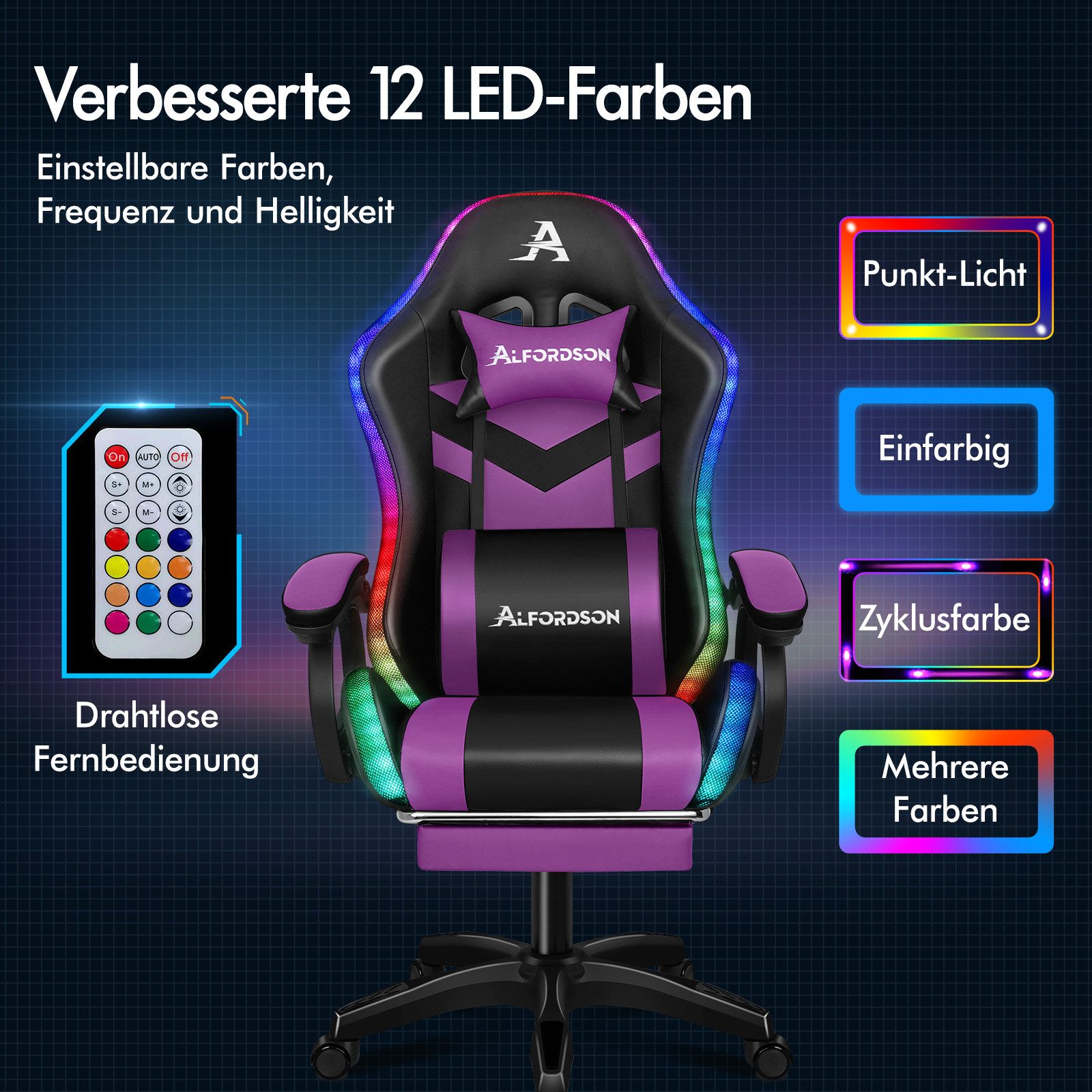 ALFORDSON Gaming-Stuhl ergonomisch mit Lendenwirbelstütze, Kopfstütze & 8-Punkt-Massage (1 St), Höhenverstellbar, neigbar, für Erwachsene, Mädchen und Jungen – Lila