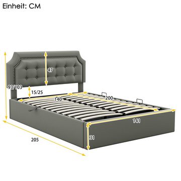 Ulife Polsterbett hydraulisches Zwei-Wege-Bett Stauraumbett Flachbett, minimalistisches Design, 140*200cm