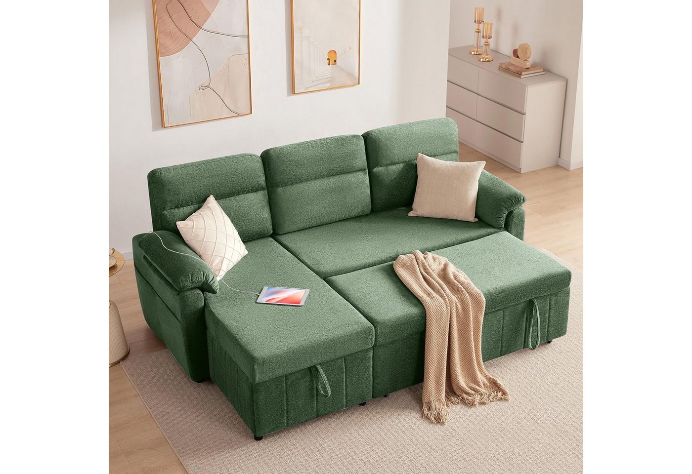 Kingfun Schlafsofa L-förmiges mit Stauraum, ausziehbarem Bett, USB-Anschlüssen, 2 Teile, Sofa für kleine Wohnungen