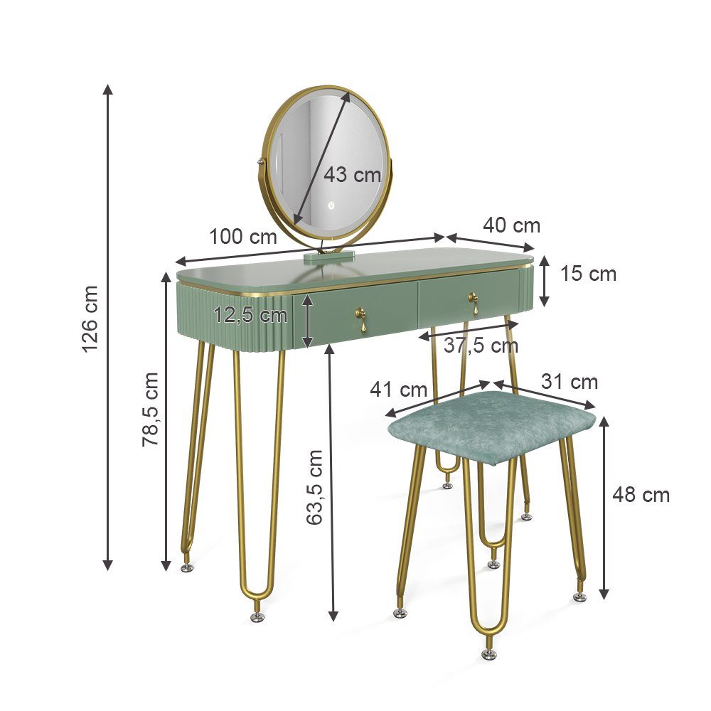 Vicco Schminktisch Grace, Grün Hochglanz, 100 cm mit LED Beleuchtung und Hocker (3-St)
