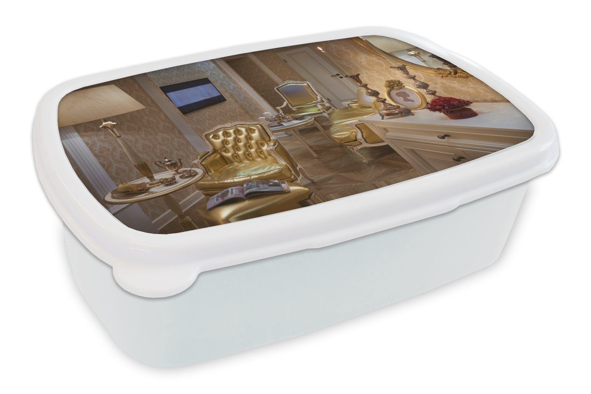 MuchoWow Lunchbox Wohnzimmer in einem goldenen Haus, Kunststoff, (2-tlg), Brotbox für Kinder und Erwachsene, Brotdose, für Jungs und Mädchen weiß