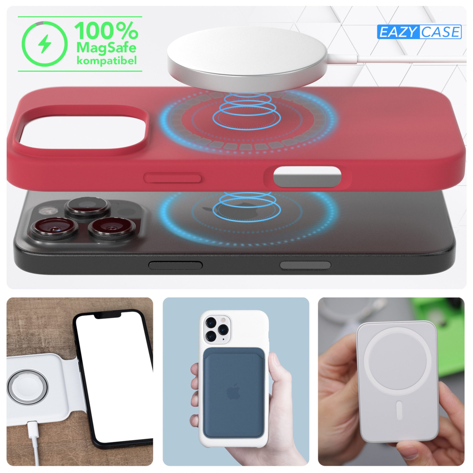 EAZY CASE Handyhülle Silikonhülle mit MagSafe für Apple iPhone 16 Pro 6,3 Zoll, Back Cover Schutzhülle mit Kameraschutz stoßfest magnetisch Rot Beere
