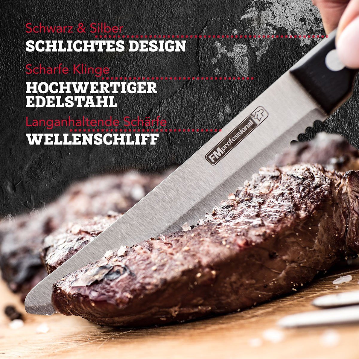 FACKELMANN Steakmesser 6x Steakmesser mit Wellenschliff – Scharfes Messer für Steak und Pizza
