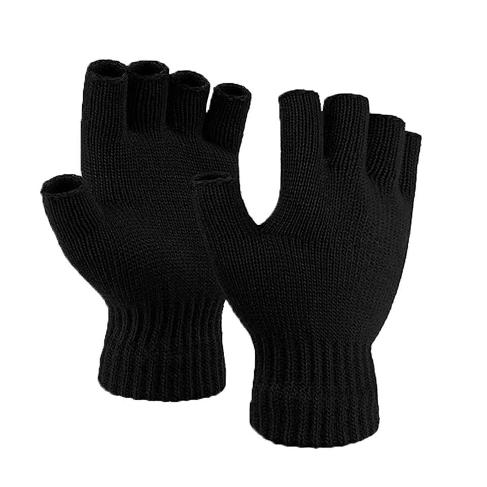 herémood Strickhandschuhe Halbfinger fingerlose Winterhandschuhe Herren Rippstrick Damen Schwarz