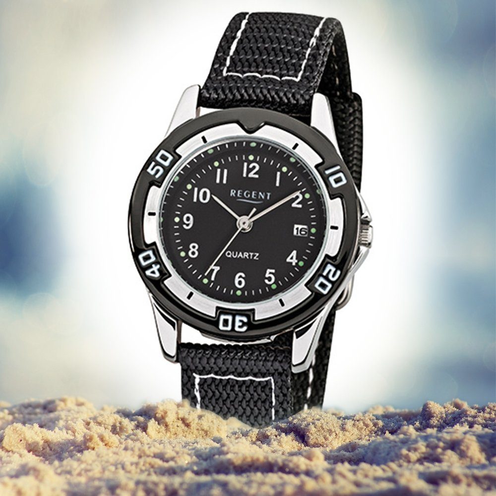 Regent Quarzuhr Regent Kinder-Armbanduhr schwarz Analog, (Analoguhr), Kinder Armbanduhr rund, klein (ca. 29mm), Textil, Stoffarmband