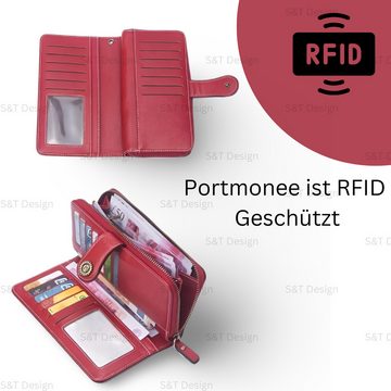 S&T Design Brieftasche Geldbörse Portemonnaie Damen Groß Leder (Münzfach, RFID-Schutz Damen Portmonee), XXL mit vielen Kartenfächer Reißverschluss
