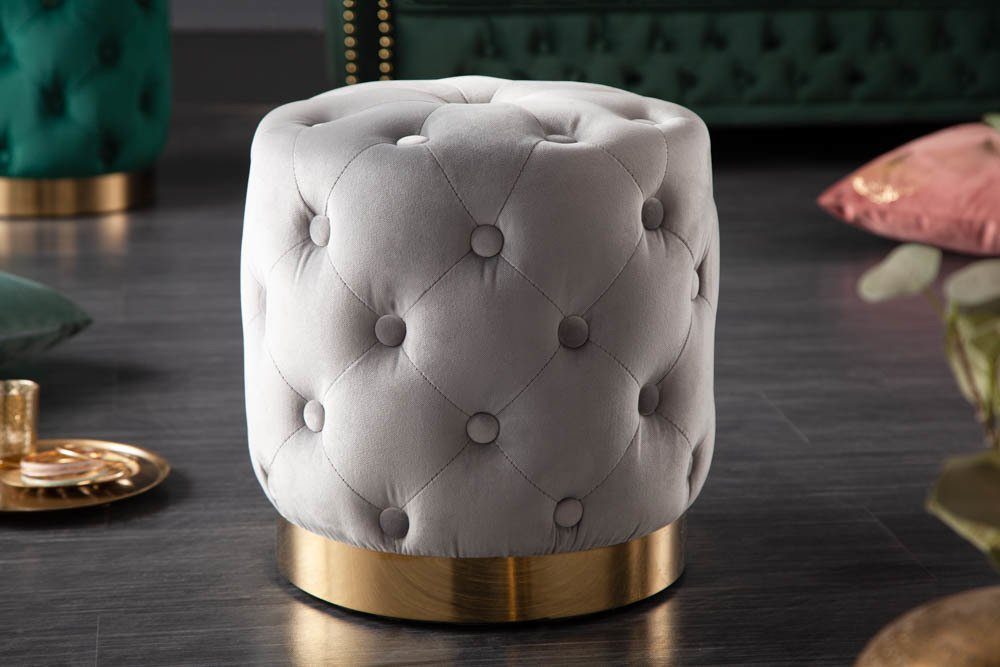 riess-ambiente Sitzhocker MODERN BAROCK 37cm grau / gold, Hocker · Samt · Metall · Chesterfield-Design