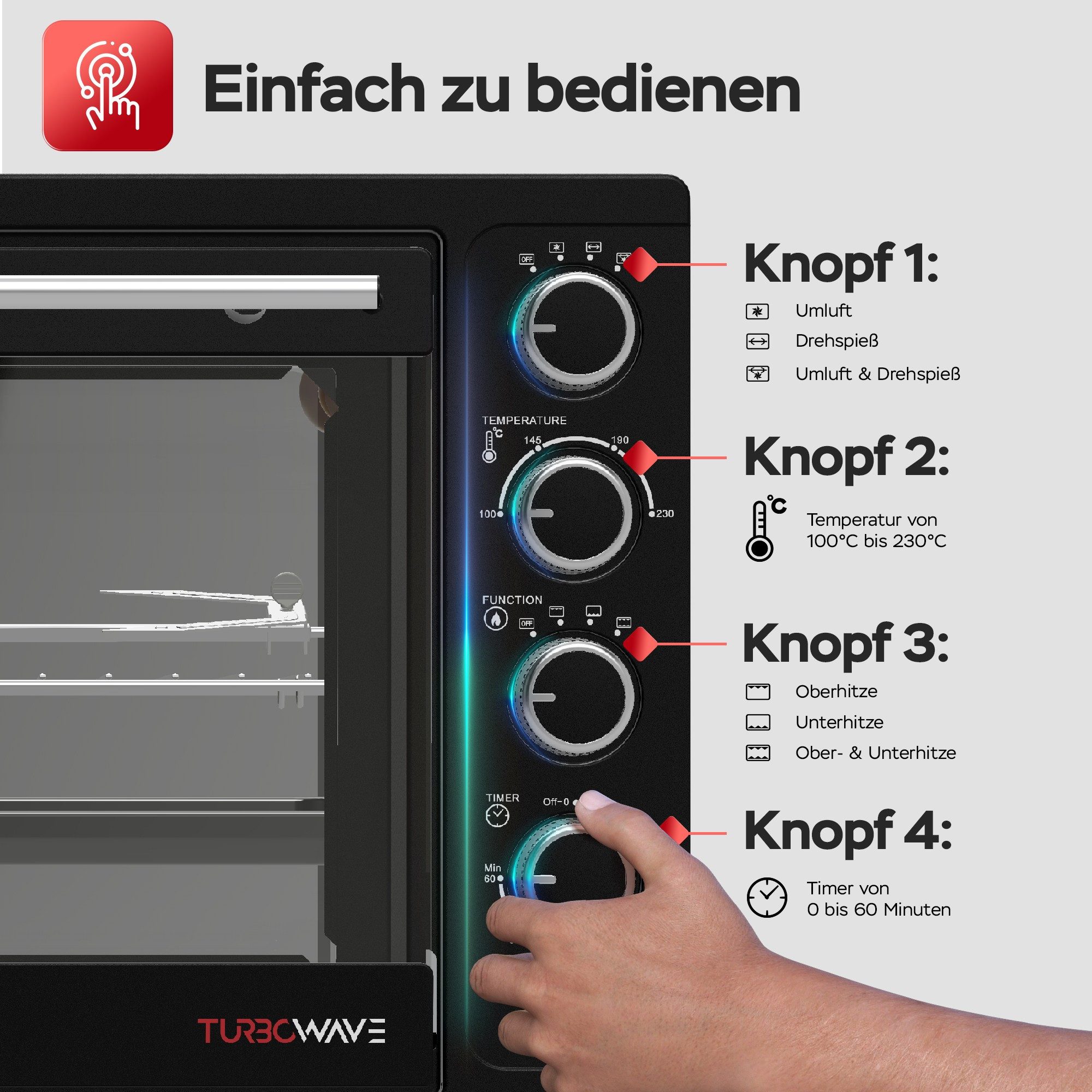 TurboTronic Minibackofen mit Umluft und Drehspieß 35 Liter, Schwarz, inkl. 2x Backbleche 1600W, schnelle Aufheizzeit, von Brötchen über Hähnchen bis Pizza