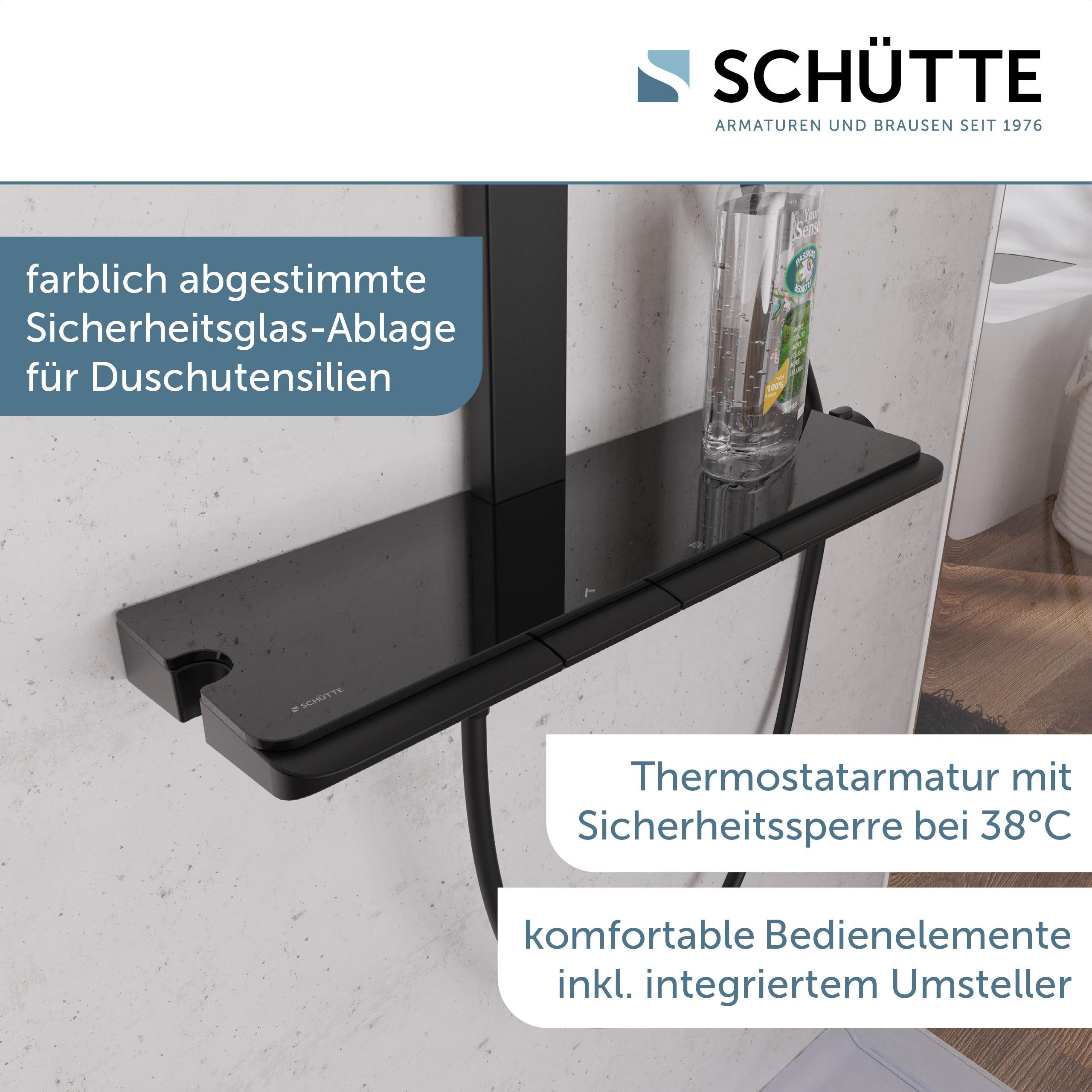 Schütte Duschsystem HAWAII Überkopfbrause-Set, Höhe 115 cm, 3 Strahlart(en), Komplett-Set, Inkl. Montagematerial und Dichtungen, mit Thermostatarmatur, Glasablage, Brausehalter