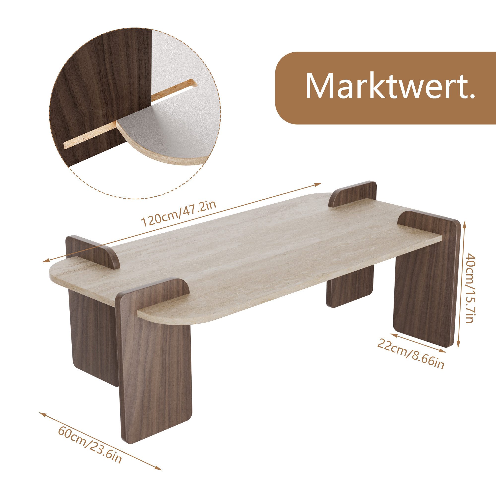 TWSOUL Couchtisch modern 60x120 cm, Design Wohnzimmertisch in Steinoptik & Holzoptik, breite Tischplatte, stabil & pflegeleicht, Braun