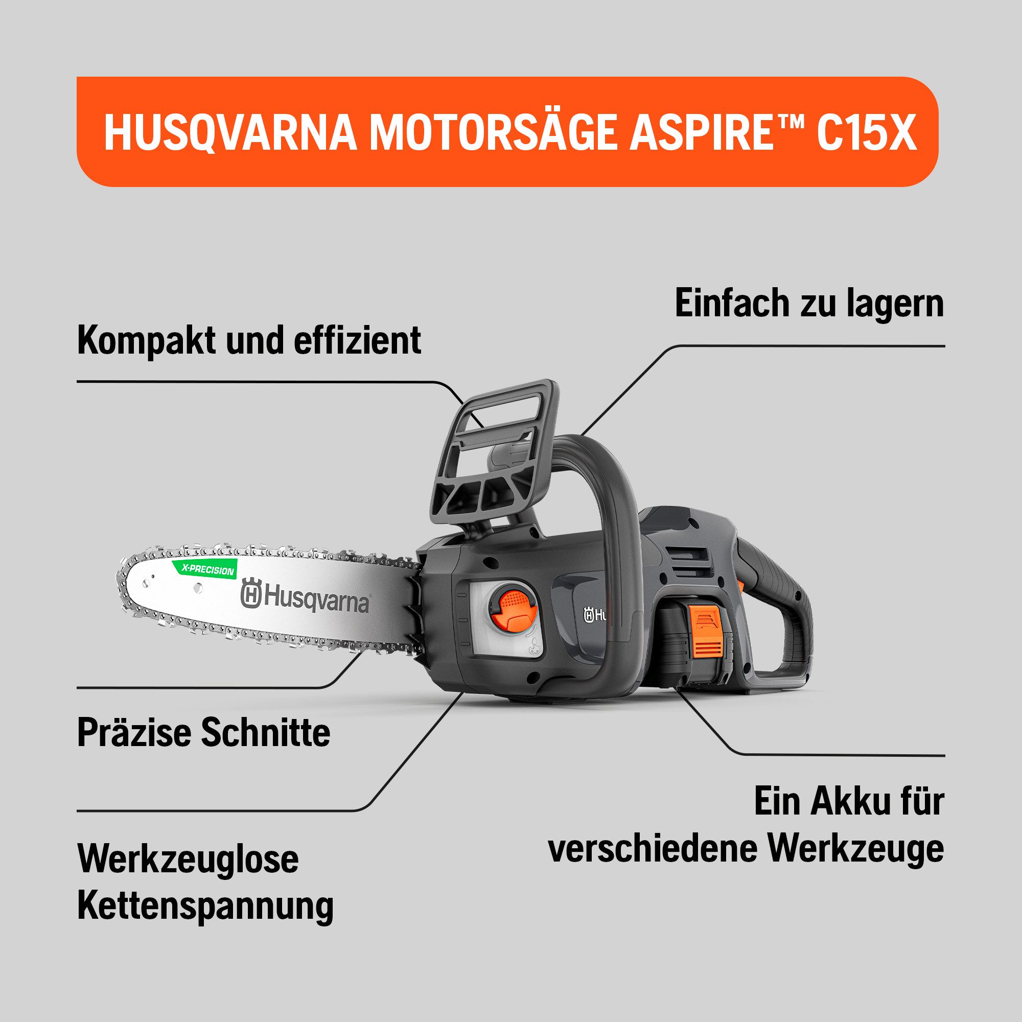 Husqvarna Akku-Kettensäge Aspire C15X-P4A, 25 cm Schwertlänge, Batteriebetrieben, Lithium-Ionen, 18V, hohe Schnittgeschwindigkeit – Bild 5 von 5