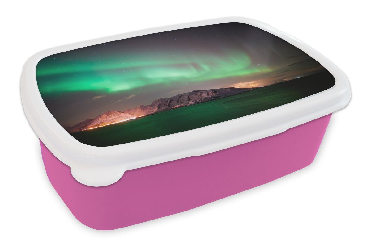 MuchoWow Lunchbox Nordlichter - Grün - Insel - Norwegen, Kunststoff, (2-tlg), Brotbox für Erwachsene, Brotdose Kinder, Snackbox, Mädchen, Kunststoff rosa