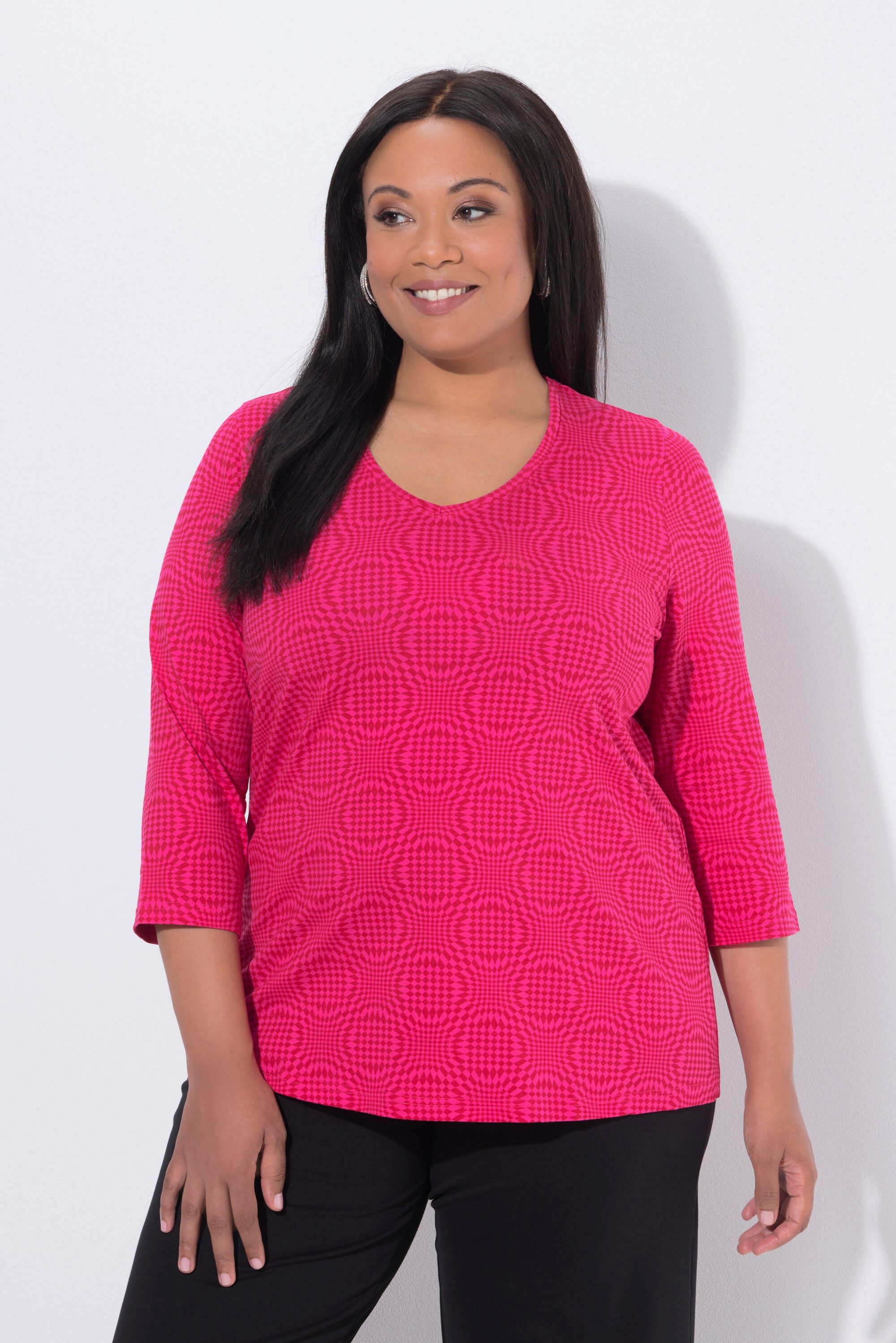 Longshirt Longshirt gemustert A-Linie V-Ausschnitt 3/4-Arm