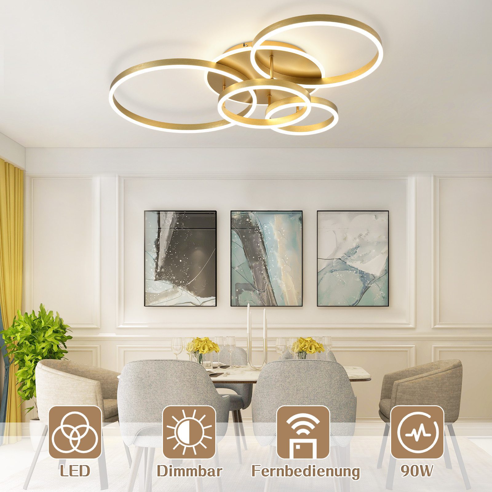 Nettlife LED Deckenleuchte Dimmbar Wohnzimmer Gold 2 Ring 46W 59CM Modern, Dimmbar mit Fernbedienung, LED fest integriert, Geeignet für Wohnzimmer, Schlafzimmer, Küche, Esszimmer, Büro