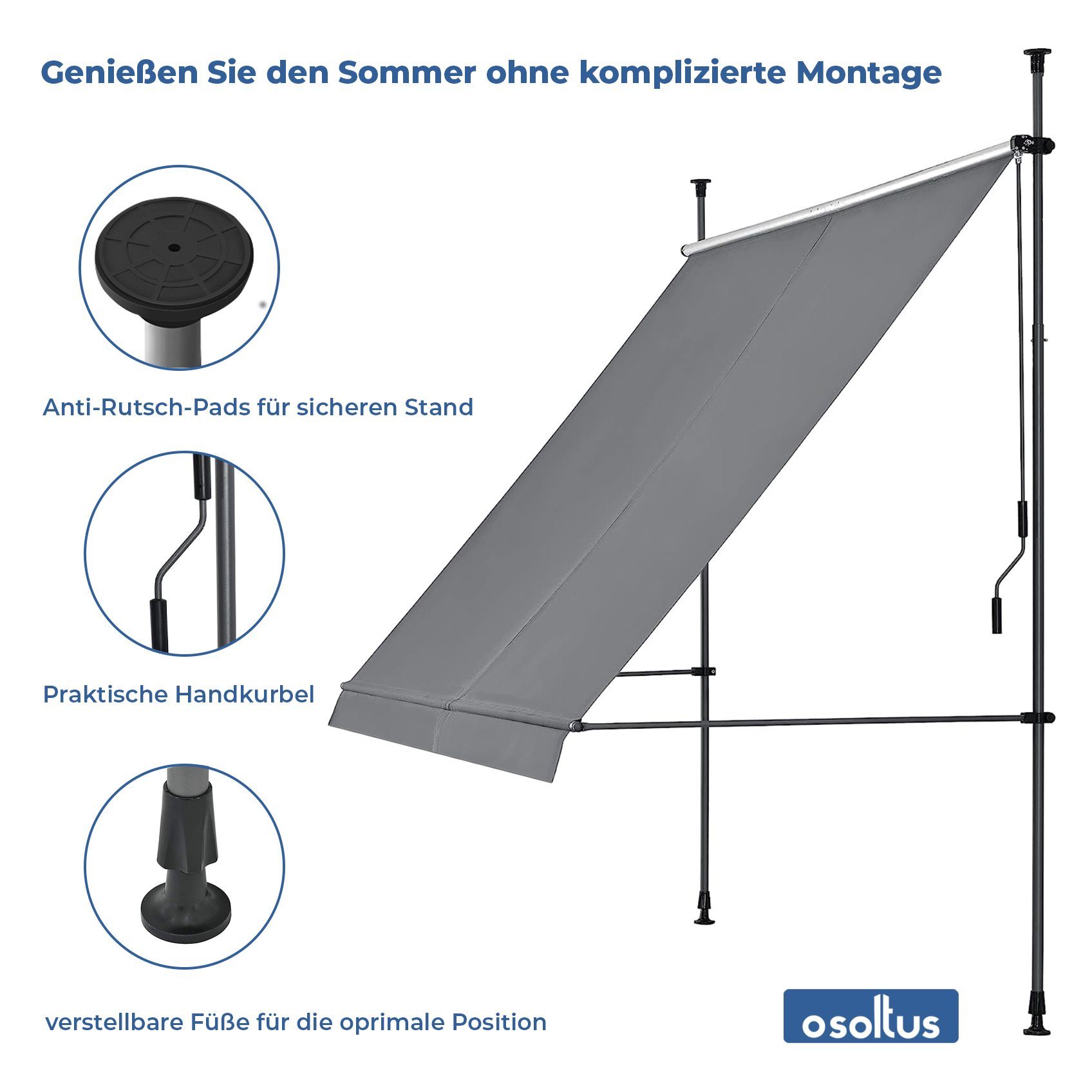 osoltus Sonnenschirm osoltus Balkon Klemmmarkise 250 x 130cm Balkonmarkise Sonnenschutz