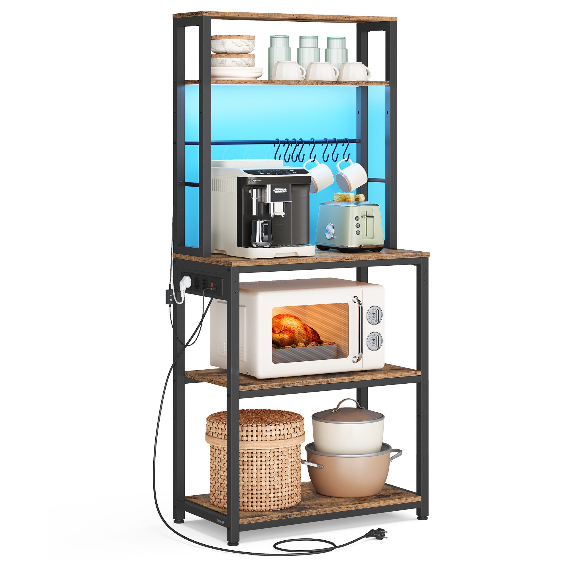 VASAGLE Standregal Küchenregal mit LED-Beleuchtung, Steckdosen, 8 Haken, mit verstellbaren Ablagen, 60 cm Breite, gesamtbelastbarkeit 190,4 kg