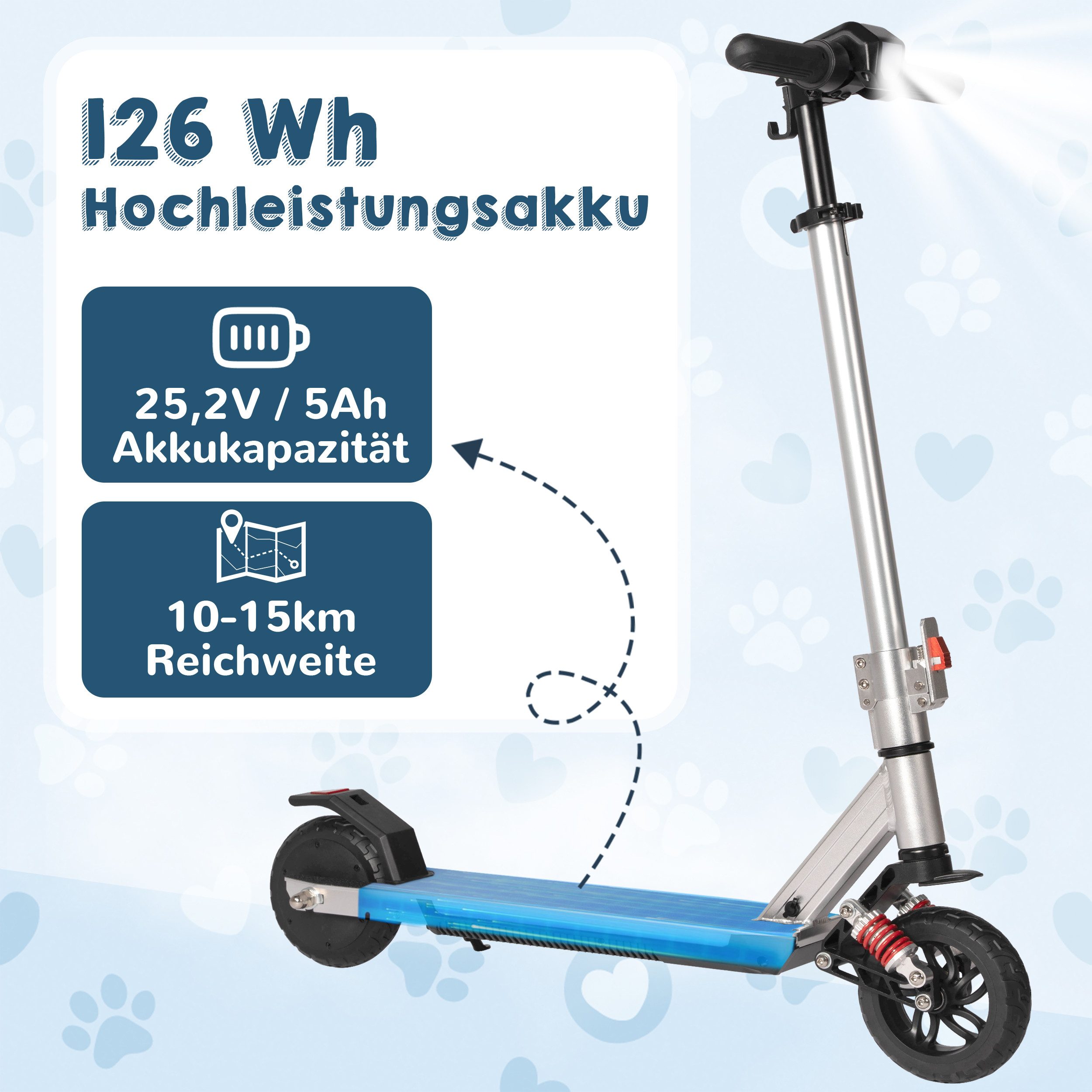 Vankel Elektro-Kinderroller E Scooter für Kinder, ab 10 Jahren, 15km, Federung, klappbar, Belastbarkeit 50 kg, 14km/h, Cityroller, EBS+Fußbremse, höhenverstellbar, Bunte Leuchten