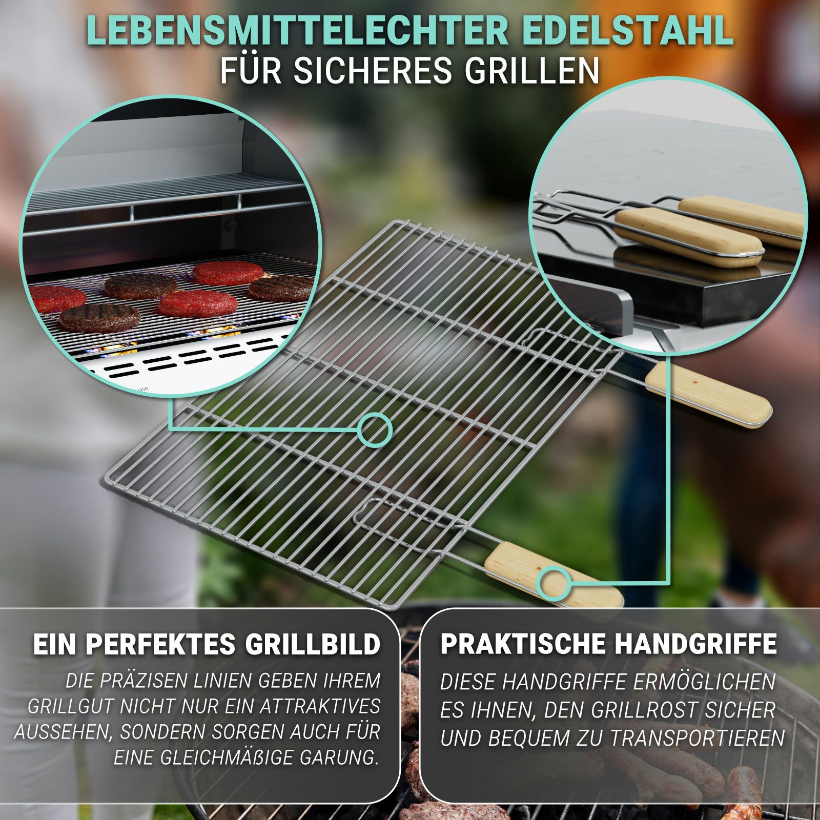 HAGO Grillrost Edelstahl Grillrost Ersatzrost Grillgitter universal Grillauflage Rost (1-St., Mit Griff), Abnehmbare Griffe, lebensmittelecht, universal – Bild 5 von 5