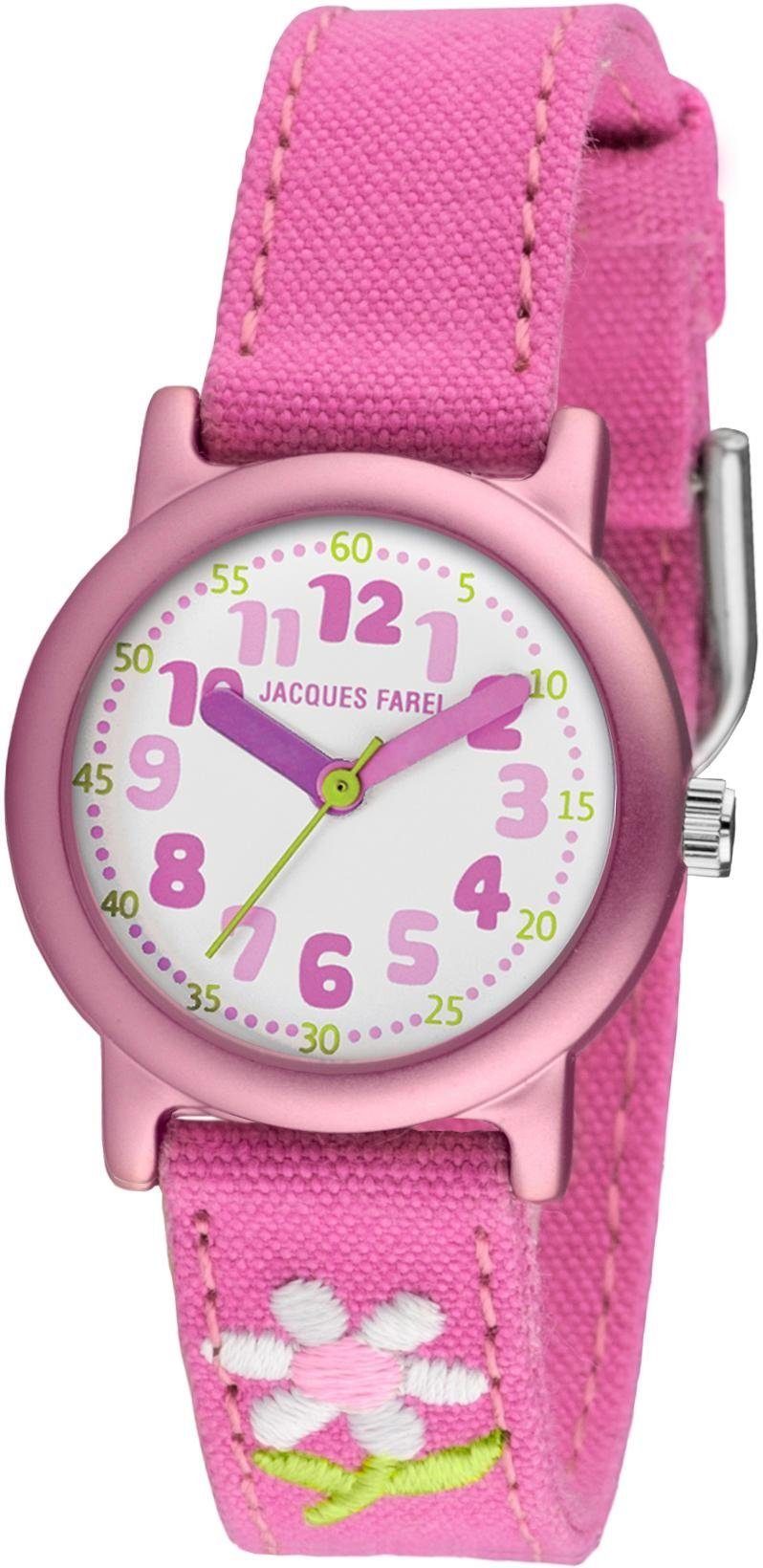 Jacques Farel Quarzuhr ORG 1111, ideal auch als Geschenk, mit Blumenmotiv,  Gehäuse aus Reinaluminium mit veredelter Oberfläche, rosa metallic