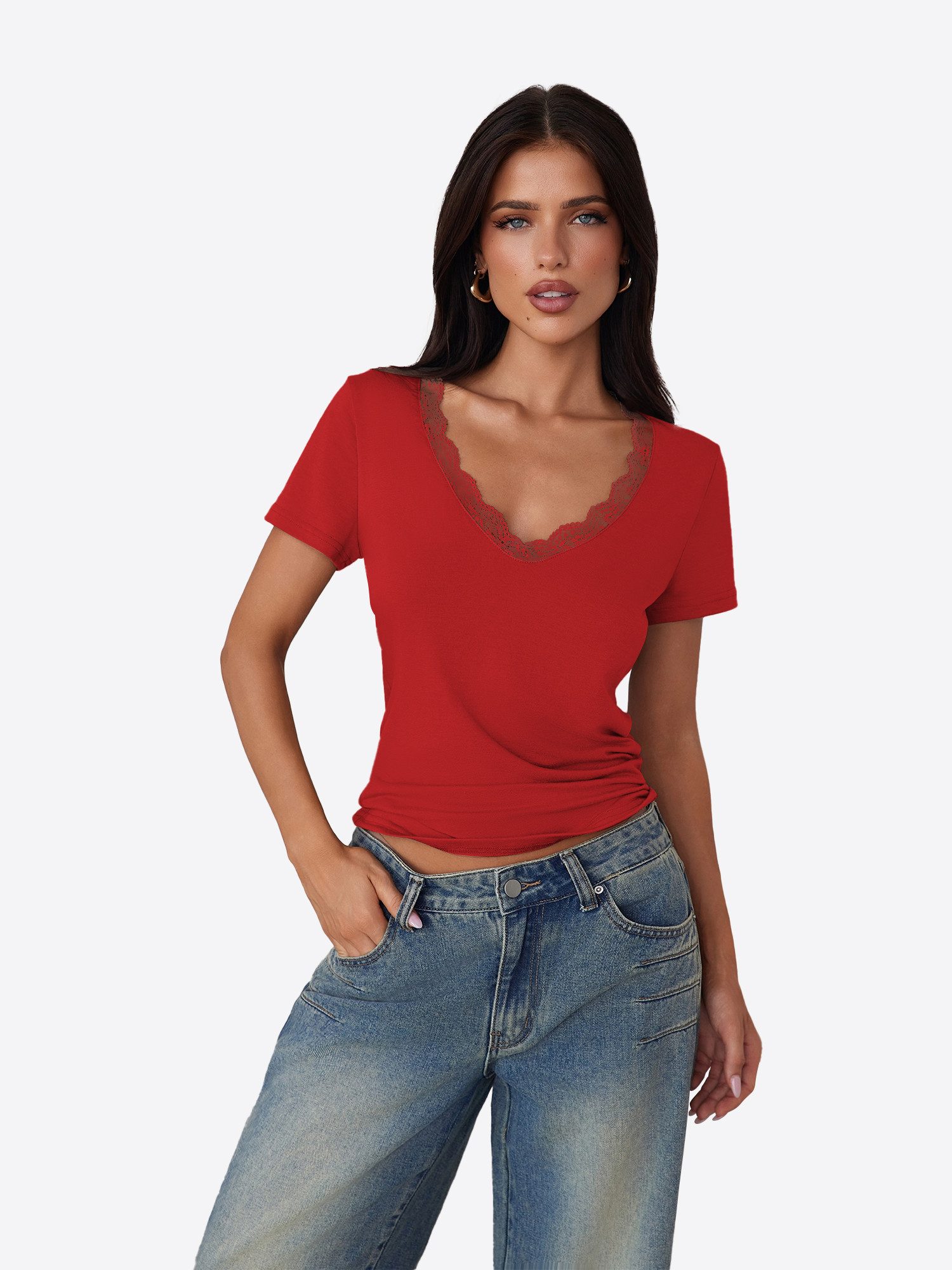 Imily Bela T-Shirt Damen Slim-Fit Tops aus Spitze (Packung, 1-tlg., 1per-Pack) einfarbig