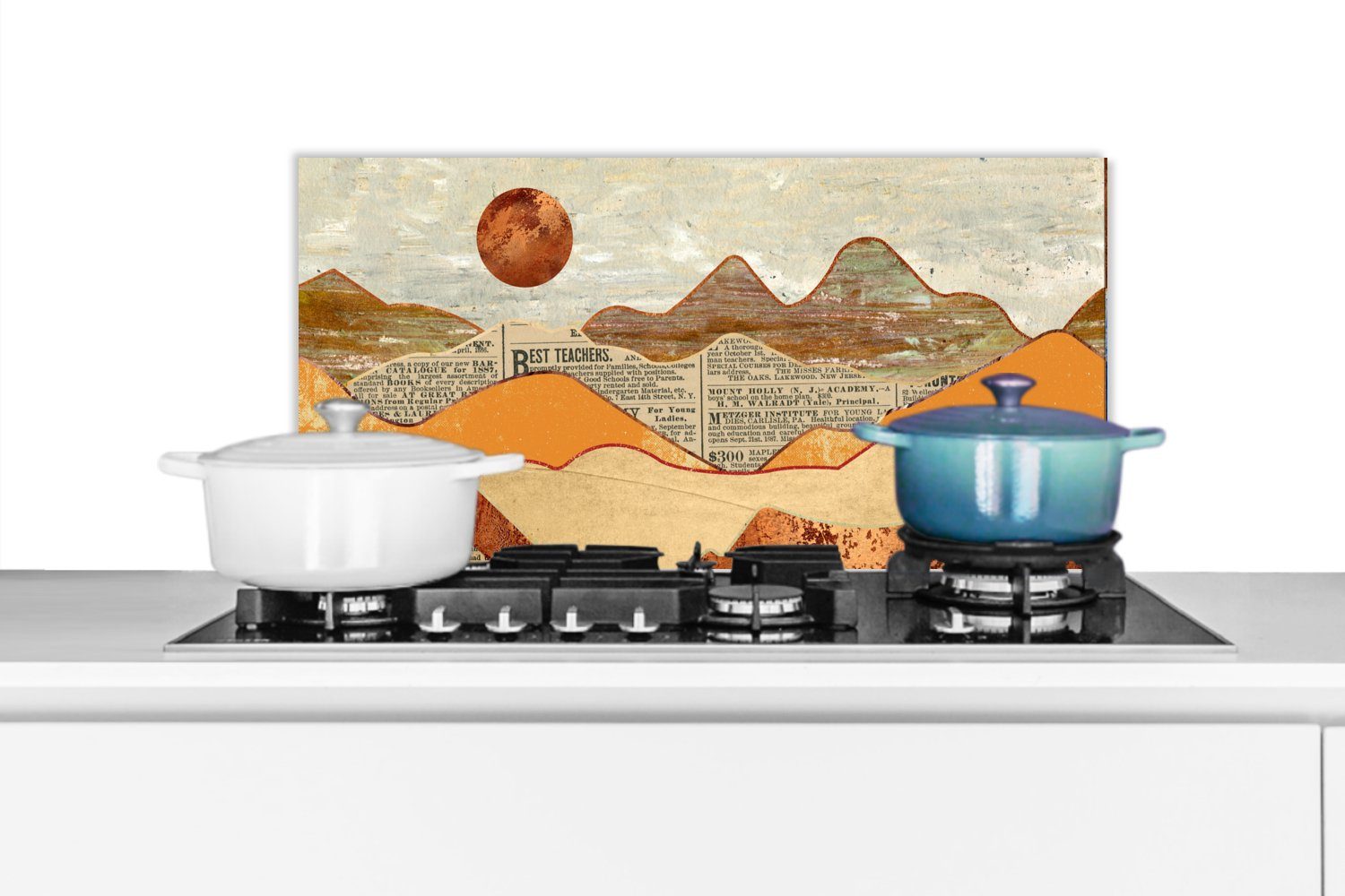 MuchoWow Küchenrückwand Vintage - Zeitung - Bronze - Abstrakt - Landschaft - Farben, (1-tlg), 60x30 cm, Wandschutz, gegen Fett und Schmutzflecken für Küchen