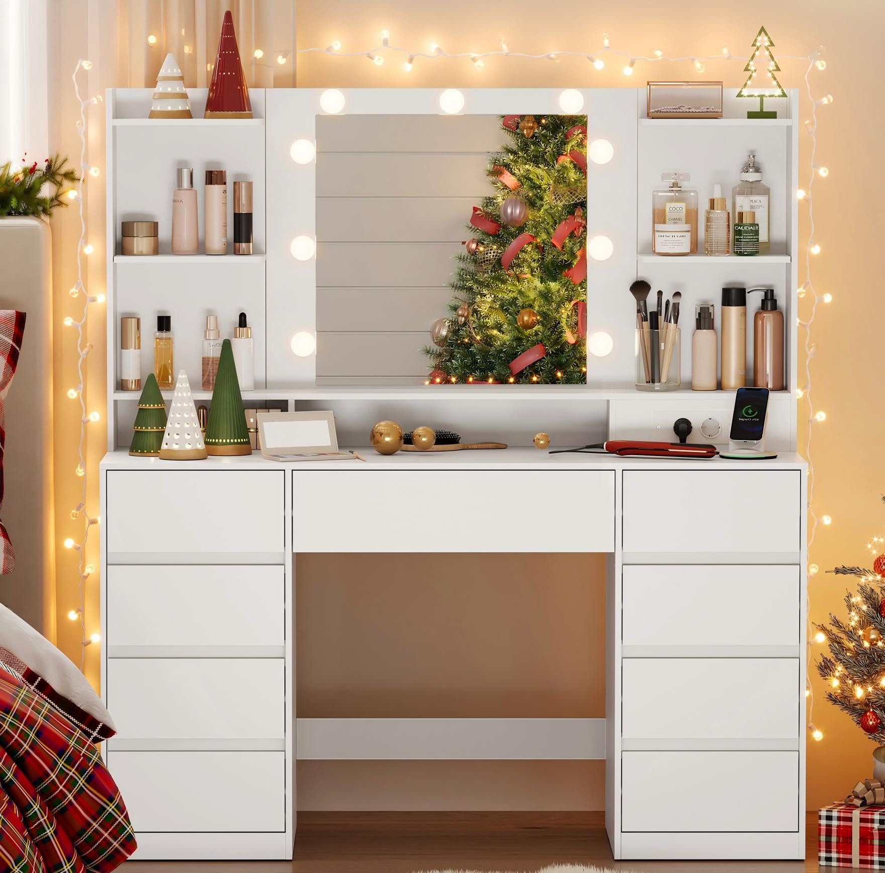 VASAGLE Schminktisch mit Spiegel und LED-Leuchten, Steckdosenleiste, Schubl günstig online kaufen