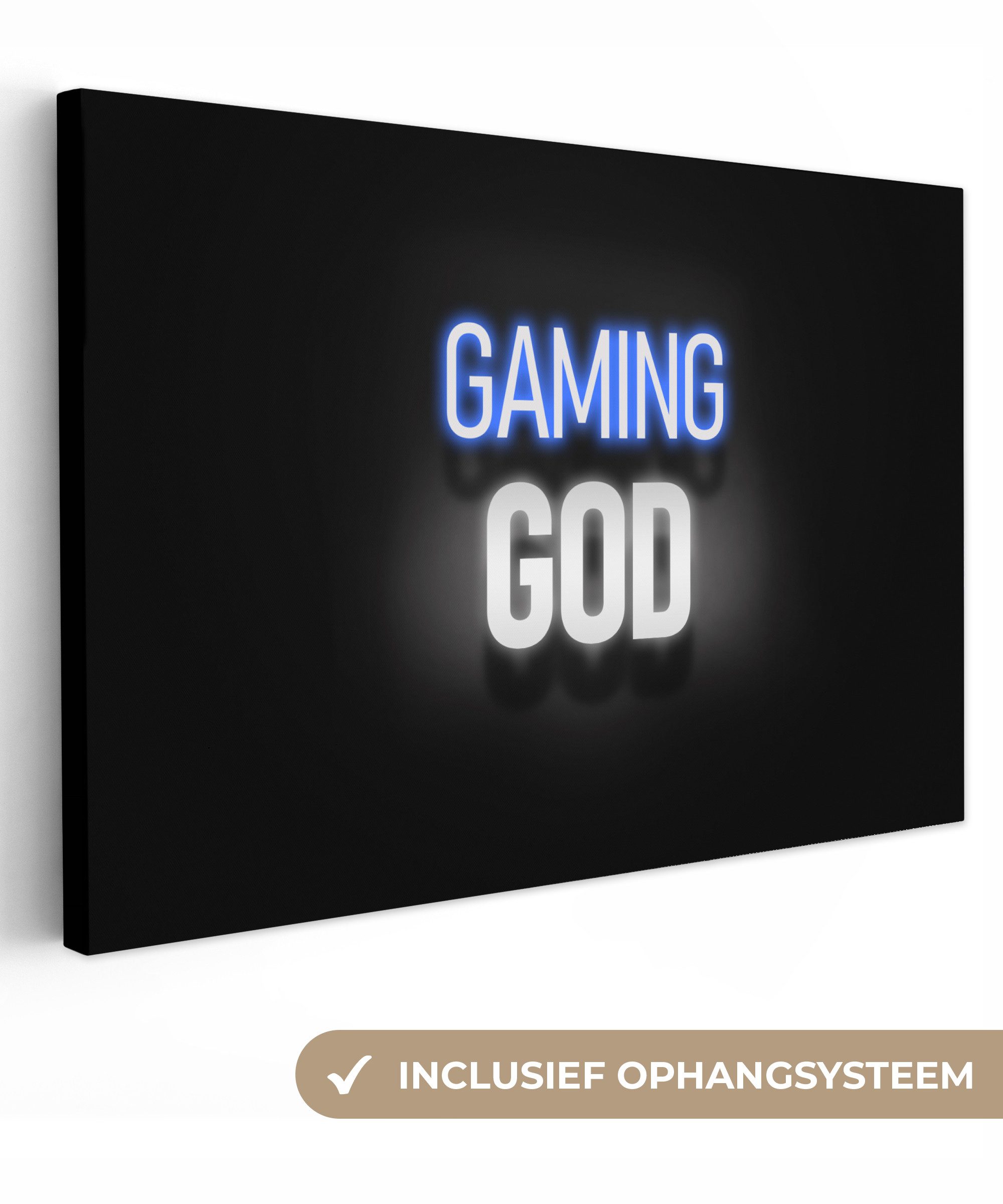 OneMillionCanvasses® Leinwandbild Gaming - Sprichwörter - Gaming-Gott - Schwarz - Neon, Fotodruck (1 St), Gaming Bilder, Wandbild Gamingzimmer, Deko Wandbilder Gamer 140x90 cm