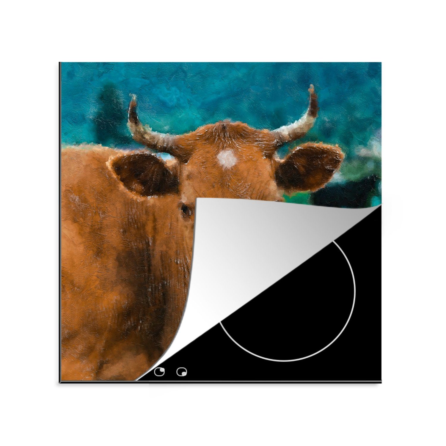 MuchoWow Herdblende-/Abdeckplatte Kuh - Zeichnung - Braun, Vinyl, (1 tlg), 78x78 cm, Ceranfeldabdeckung, Arbeitsplatte für küche
