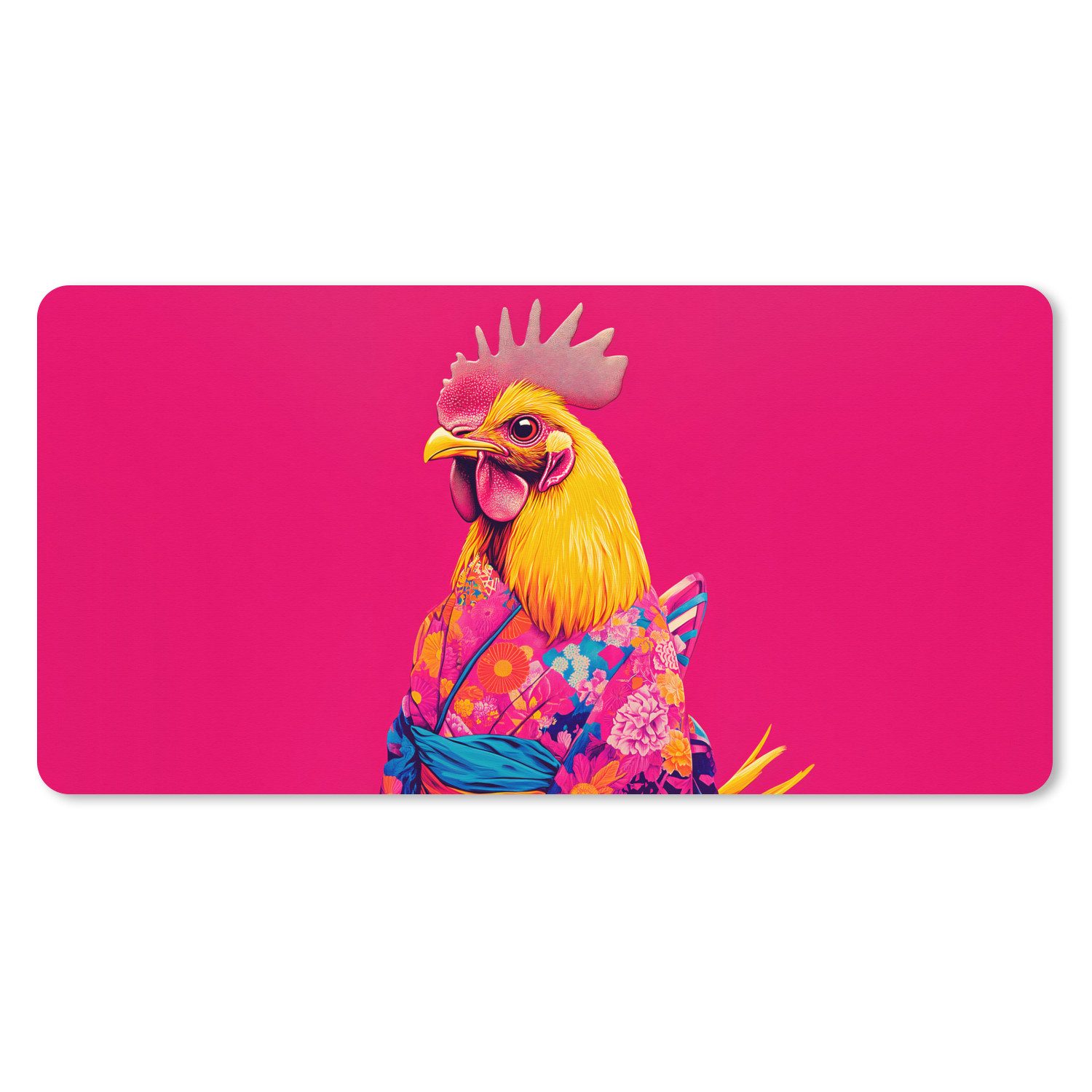 MuchoWow Mauspad Hahn - Bunt - Kimono - Rosa (1-St), Schreibtischunterlage, Mousepad Gaming XXL, Großes, 90x45 cm