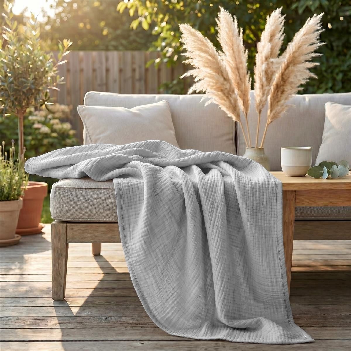 Wohndecke Musselin Decke 150 x 200 100% Baumwolle Kuscheldecke Tagesdecke Plaid, Carpe Sonno, Leichte Musselindecke für Sofa Couch Wohnzimmer Bett - Grau