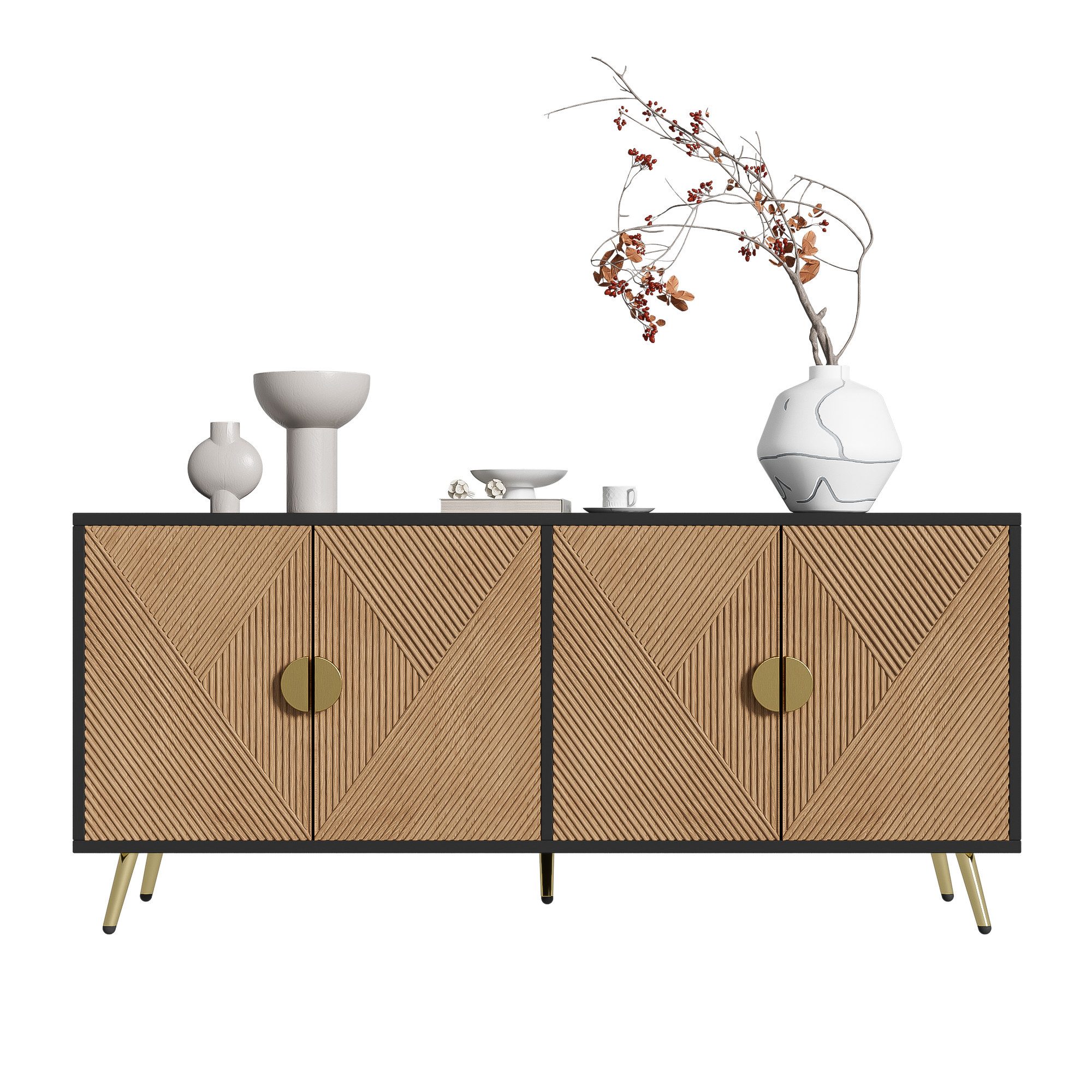 Thanaddo Anrichte 160cm Sideboard, vier Türen, goldene Griffe und Hochglanzbeine