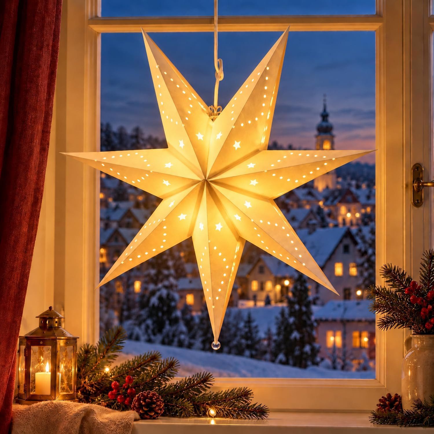 Salcar LED Stern LED Dekolicht Weihnachtsstern Papierstern-Lichterkette Beleuchtete, 55cm Hängender-LED-Stern, Dekoration Sterne Warmweiß 55cm