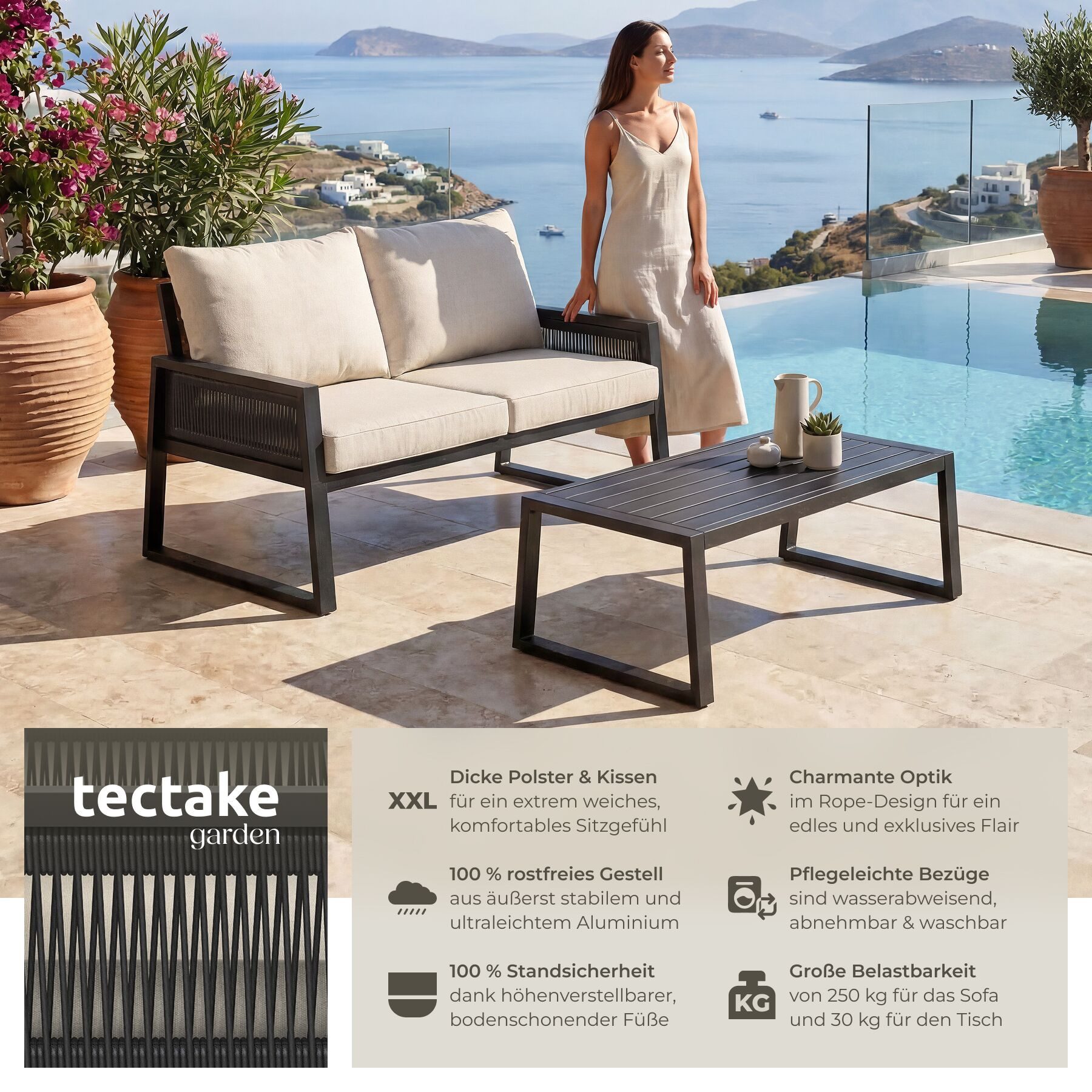 tectake Gartenlounge-Set Lounge-Set Captive - stilvolles Rope-Design mit dicken Polstern, (Set., 2-tlg., 2 tlg), Extra dicke und große Sitzpolster und Rückenkissen