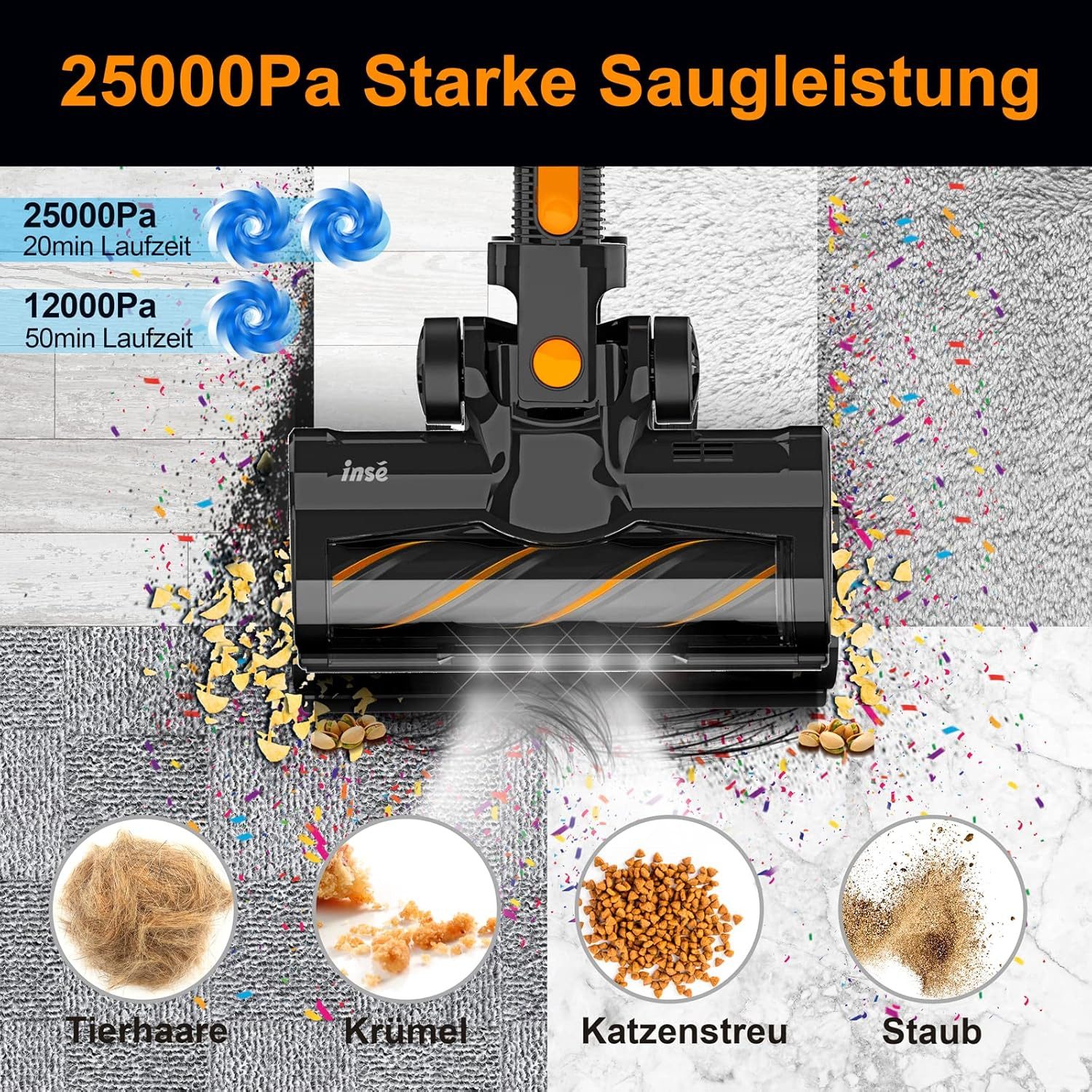 INSE Bodenstaubsauger S600, 265 W, beutellos, 25Kpa, Abnehmbarer Akku, 45Min, Kabelloser Akkusauger Beutellos