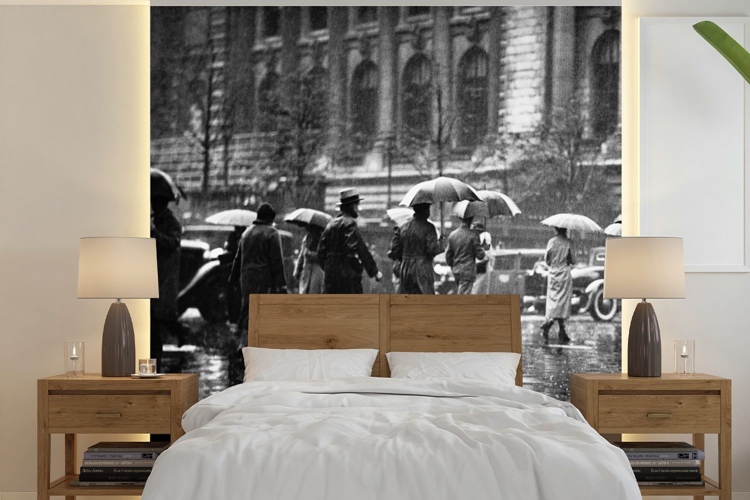 MuchoWow Fototapete Menschen auf der Straße im Regen in New York - schwarz und weiß, Matt, bedruckt, (5 St), Vinyl Tapete für Wohnzimmer oder Schlafzimmer, Wandtapete
