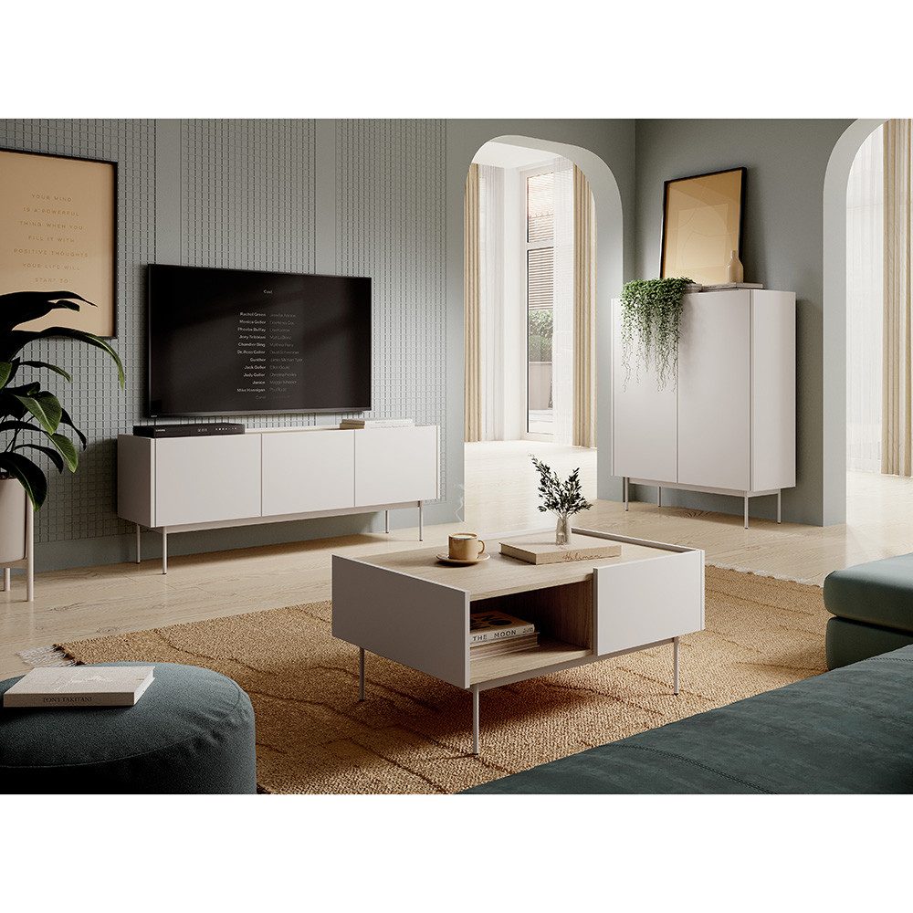 Lomadox Wohnzimmer-Set CHEYENNE-160, (Mega-Spar-Set, 3-St., Lowboard Couchtisch Highboard), griffloses Design, in Kaschmir matt mit Eiche