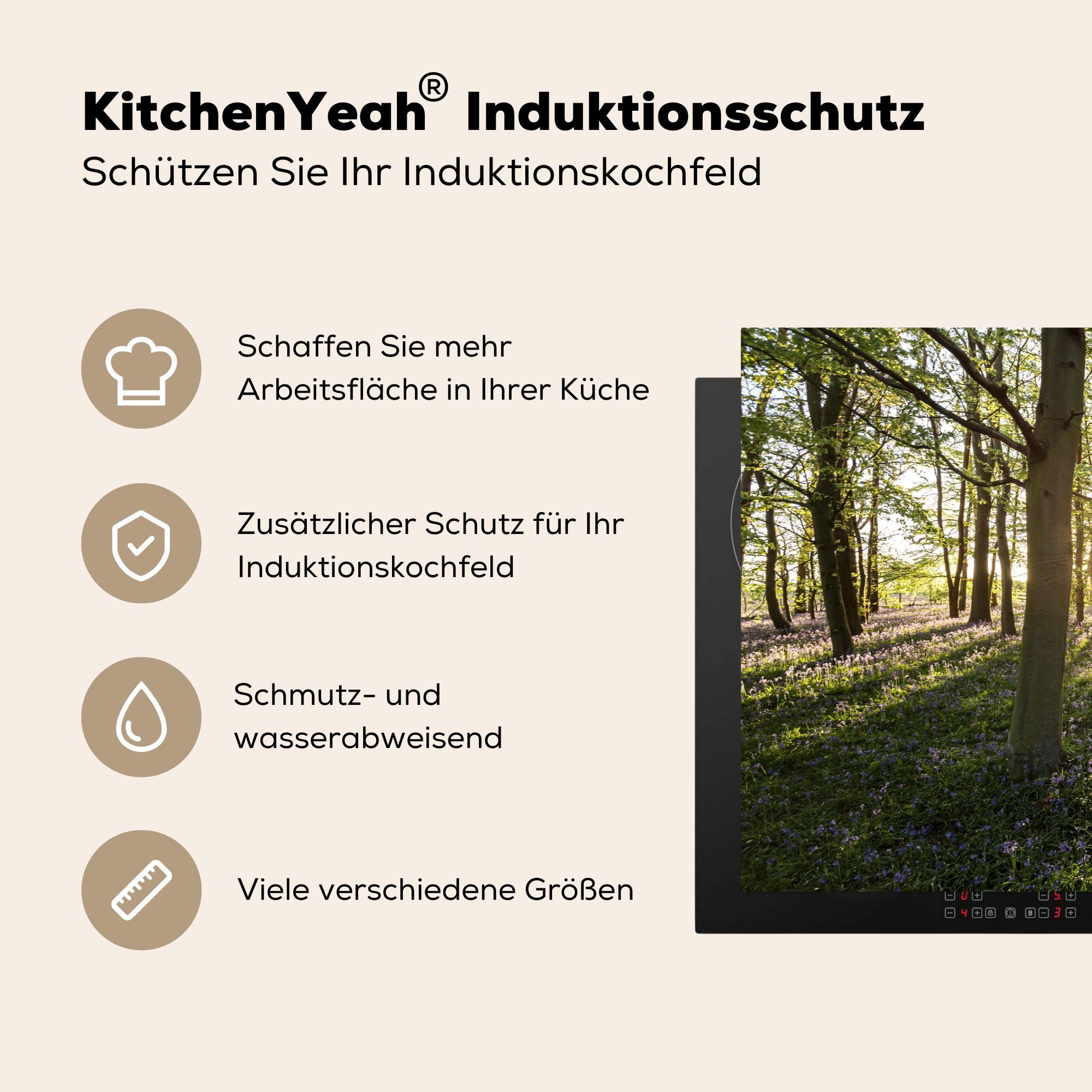 Induktionskochfeld küche, Herdblende-/Abdeckplatte Ceranfeldabdeckung Vinyl, - tlg), (1 81x52 Schutz cm, für Baum MuchoWow die Sonne, - Wald